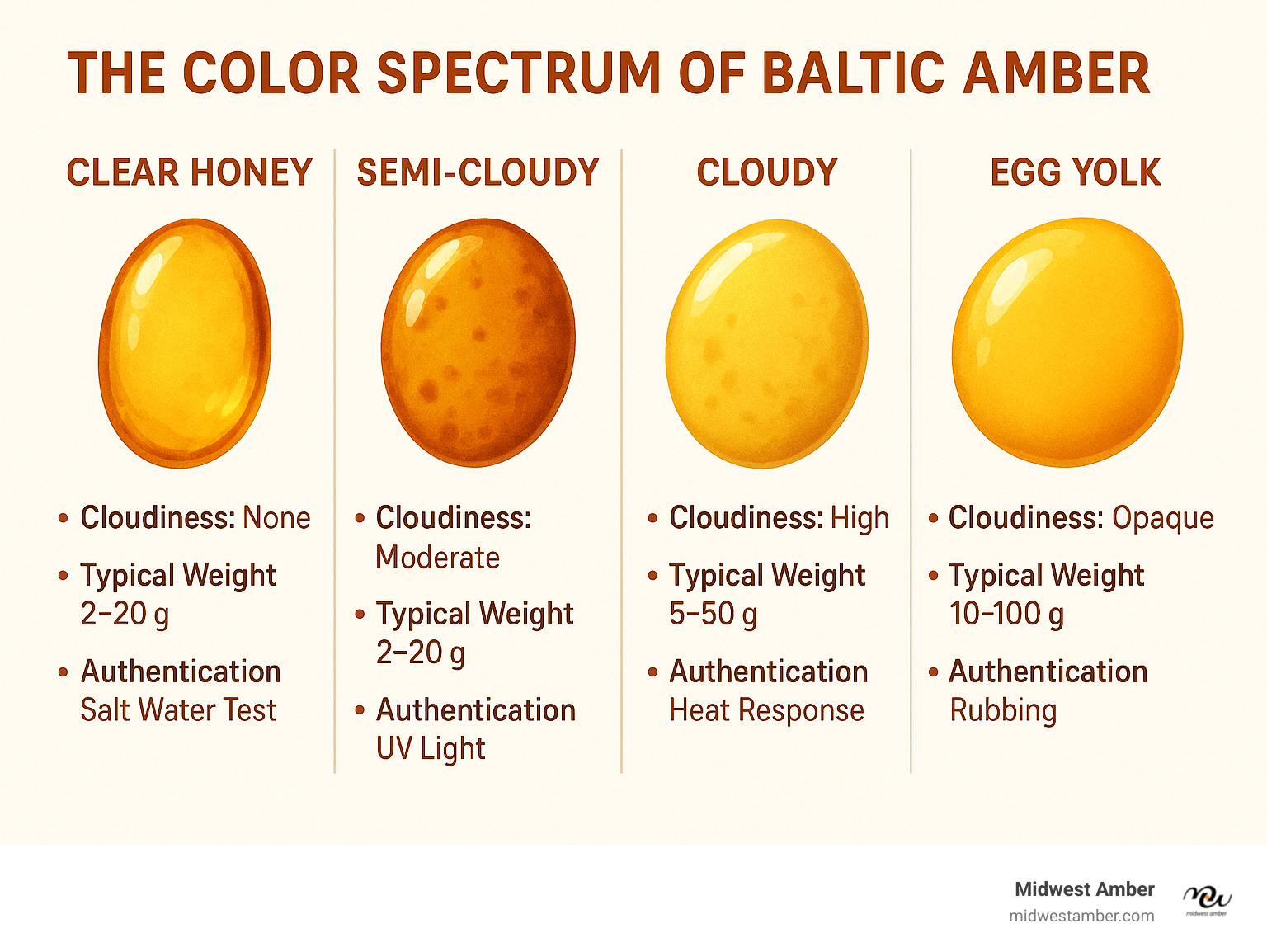 Comprehensive guide showing the color spectrum of Baltic amber from clear honey to opaque egg yolk, including key identifying characteristics like cloudiness levels, typical weights, and authentication methods for each variety - egg yolk amber necklace infographic 