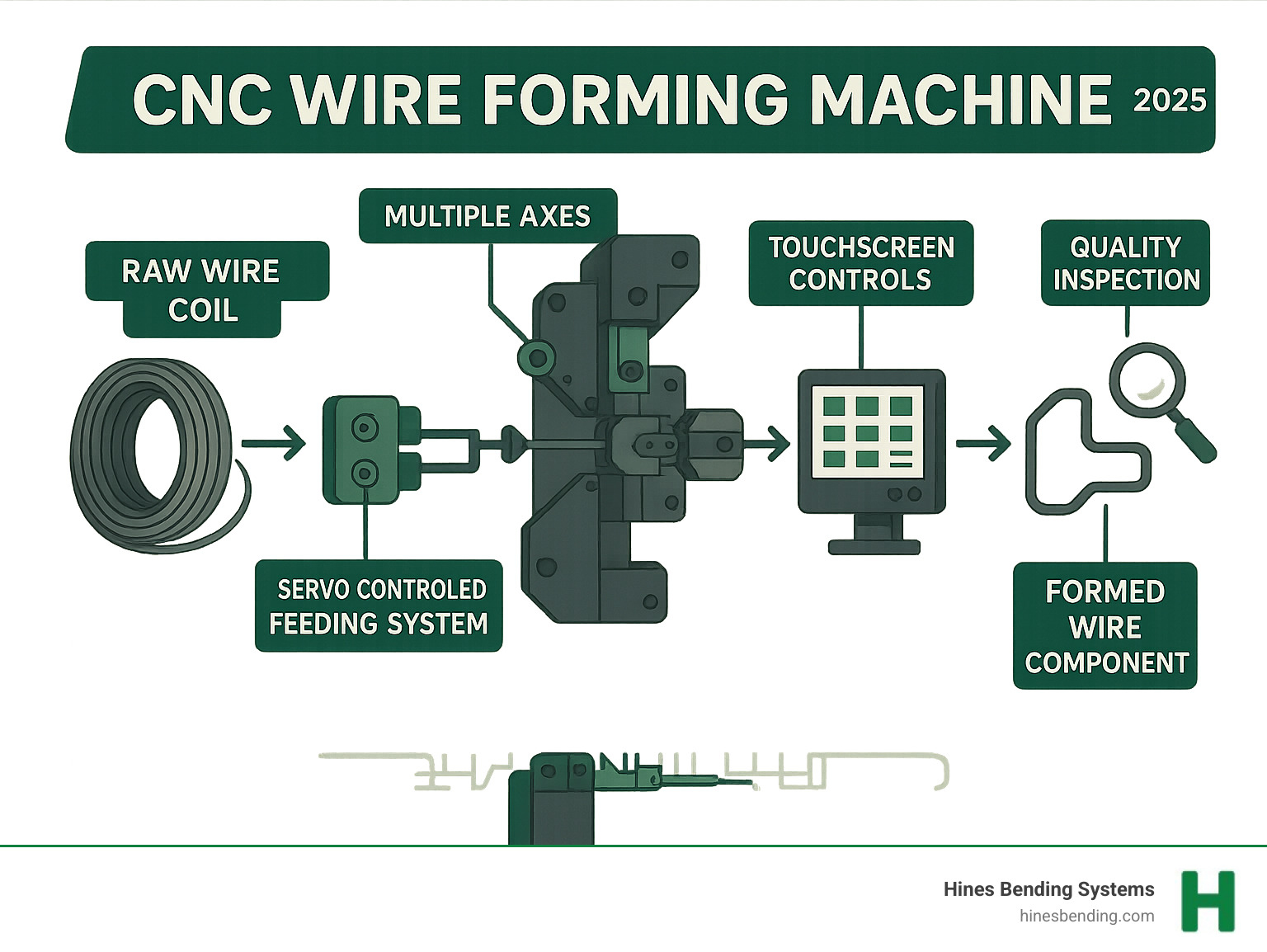 Comprehensive infographic showing the CNC wire forming process from raw wire coil input through servo-controlled feeding system, programmable bending head with multiple axes, cutting mechanism, and final formed wire component output, with callouts highlighting key technologies like servo motors, touch screen controls, and quality inspection systems - cnc wire forming machine infographic 