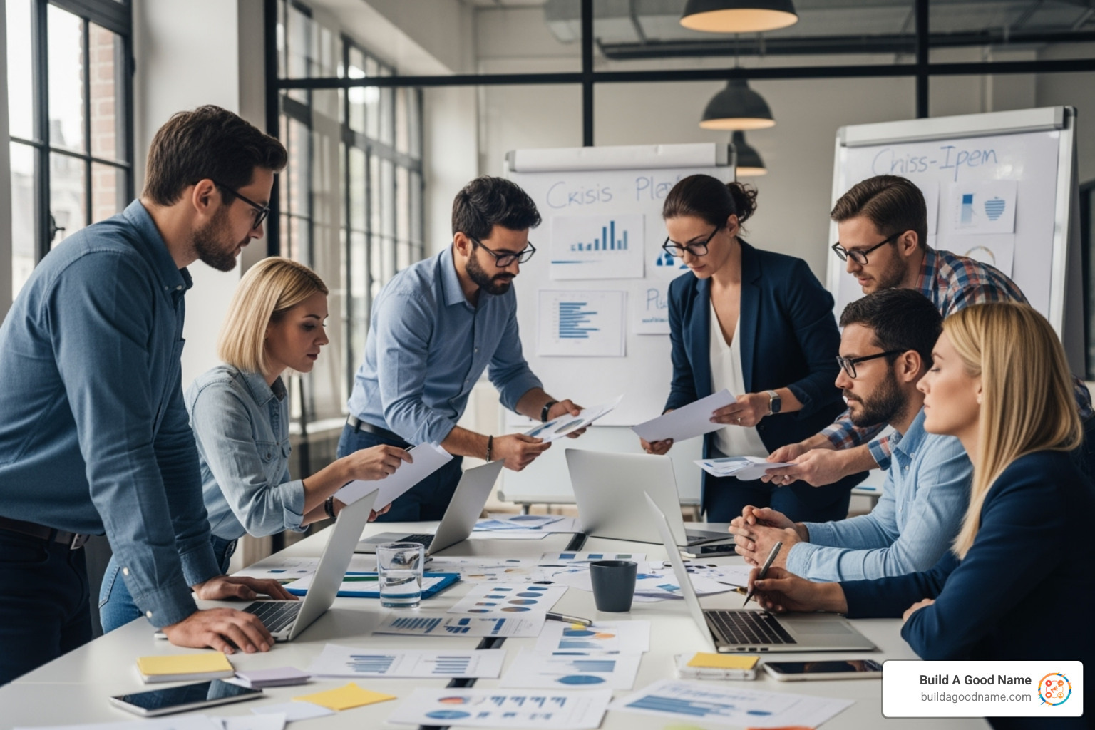 of a team working on a crisis communication plan - brand reputation protection