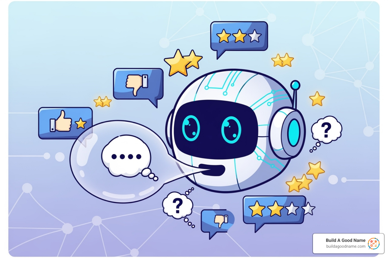 AI bot icon interacting with customer review icons - Reputation Management