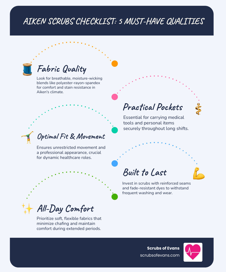 Comprehensive guide showing key features of quality medical scrubs including fabric composition, pocket functionality, fit considerations, durability factors, and comfort elements specifically for healthcare professionals in aiken sc - scrubs aiken sc infographic checklist-light-beige