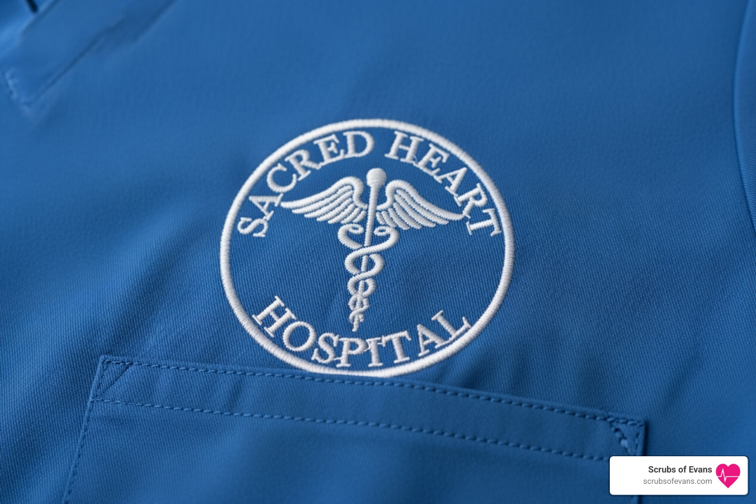 Close-up of a high-quality embroidered logo on a scrub top - scrubs for group uniform programs