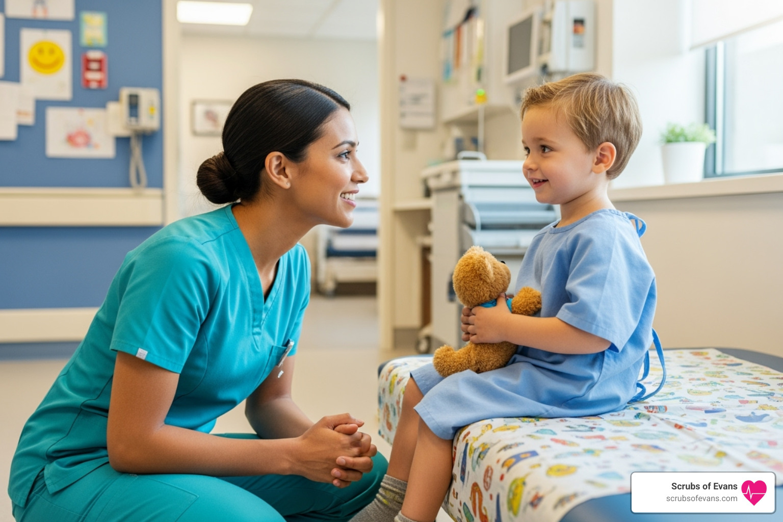 A nurse comfortably kneeling to speak with a child, wearing flexible scrubs - healthcare professional attire