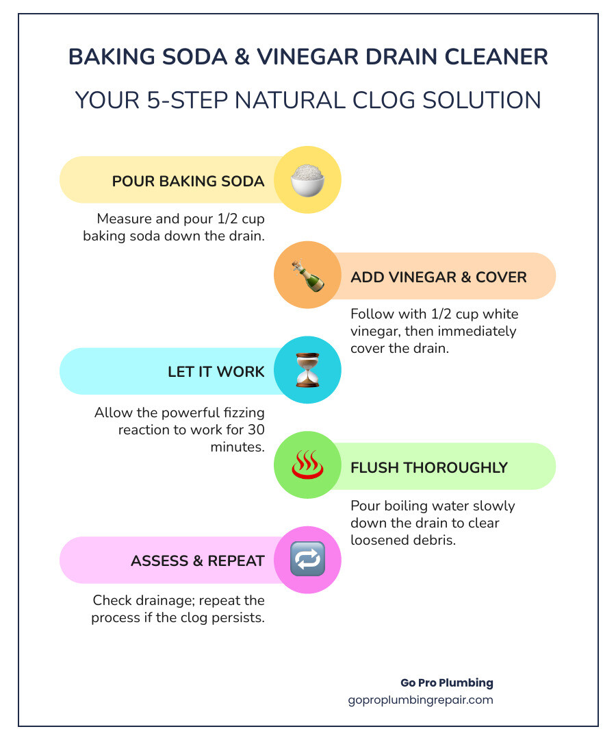 Step-by-step infographic showing the 5-step baking soda and vinegar drain cleaning process: 1) Remove standing water and pour 1/2 cup baking soda into drain, 2) Add 1/2 cup white vinegar and cover drain immediately, 3) Wait 30 minutes for fizzing reaction, 4) Pour boiling water slowly down drain, 5) Test drainage and repeat if necessary - baking soda and vinegar drain cleaner infographic infographic-line-5-steps-colors