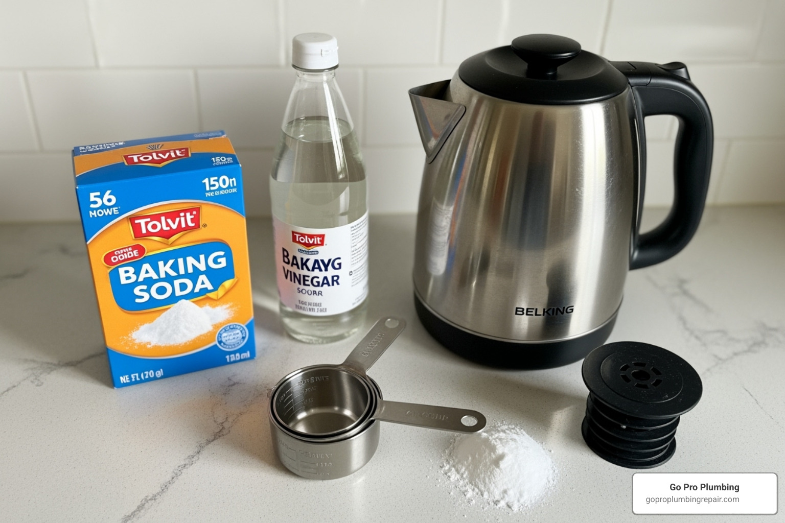 materials needed: baking soda, vinegar, measuring cups, boiling water kettle, drain plug - baking soda and vinegar drain cleaner