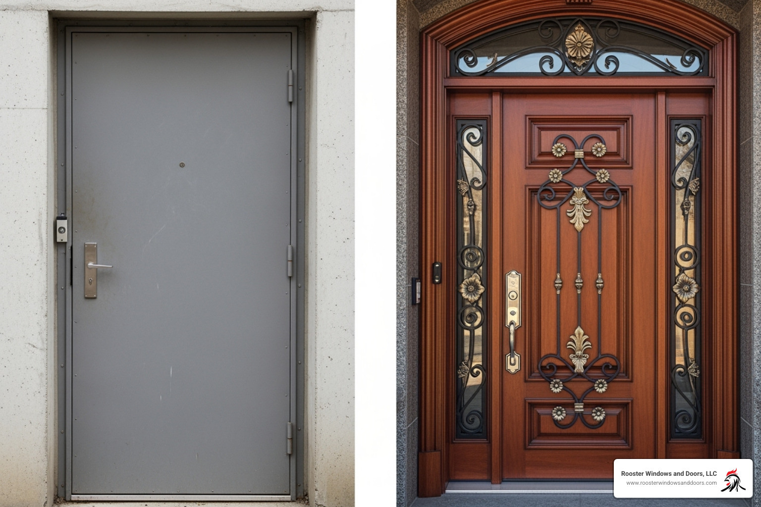 image comparing a standard, budget-friendly security door with a high-end, custom-designed one - Exterior security doors