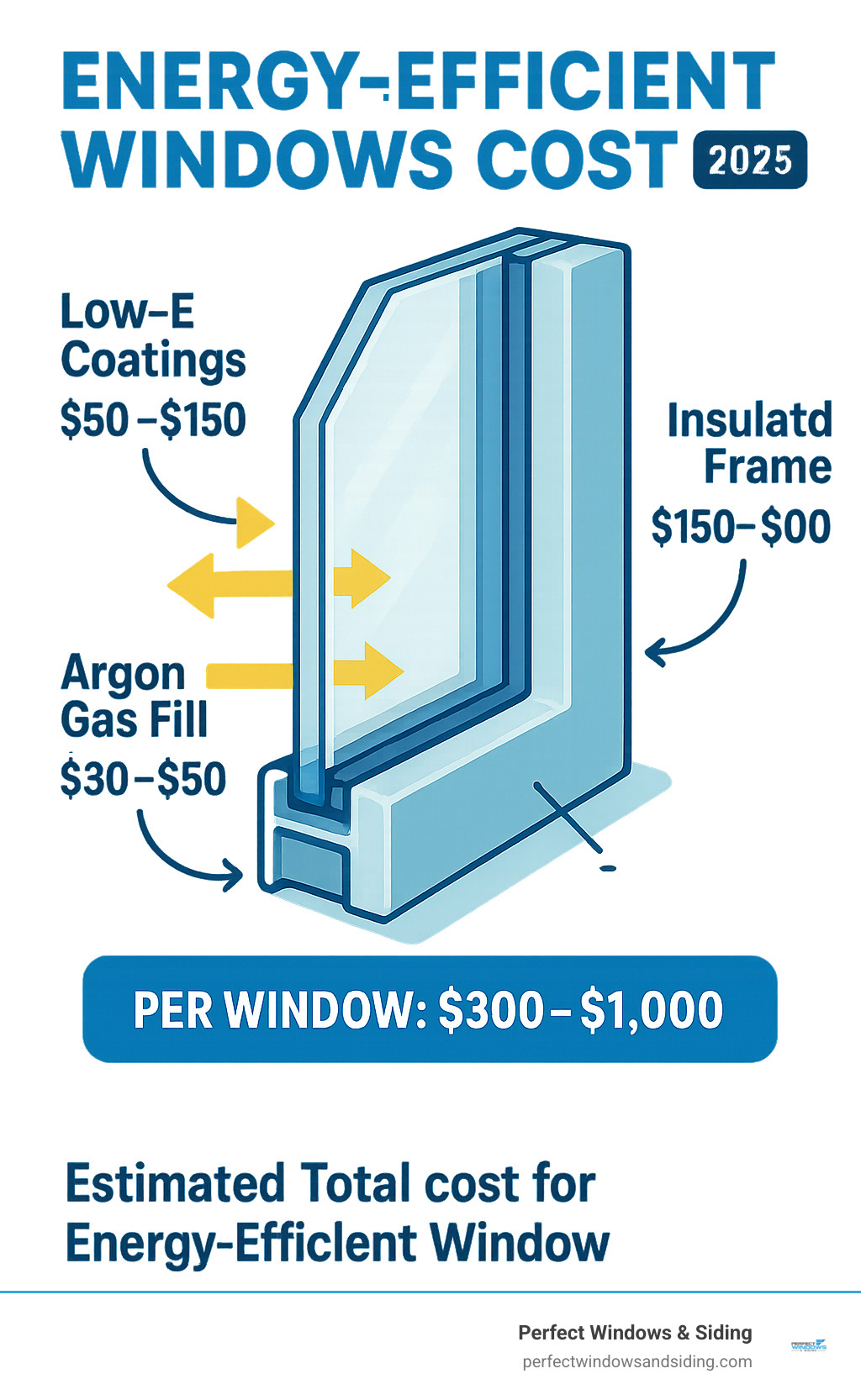 Detailed breakdown of energy-efficient window components including Low-E coatings, argon gas fills, and insulated frames with cost ranges for each feature - energy efficient windows cost infographic 