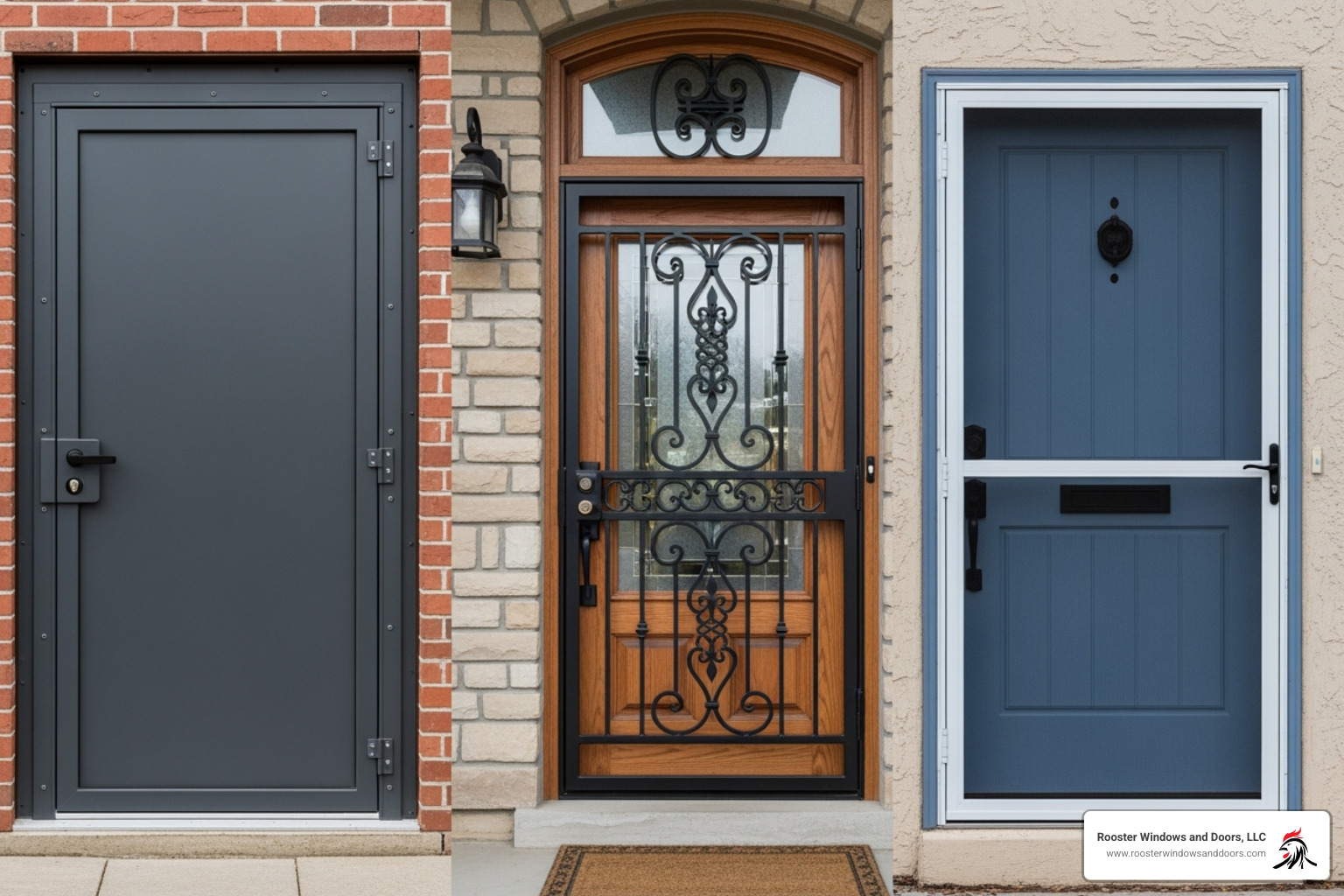 image of different styles of security doors including a solid steel panel door and a security screen door - Exterior security doors