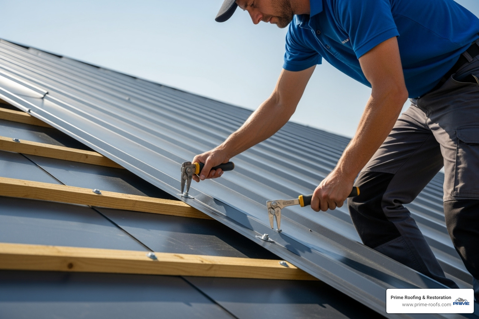 A roofer carefully installing a metal roof panel, ensuring proper alignment and secure fastening with specialized tools. - metal roof codes in orange beach al