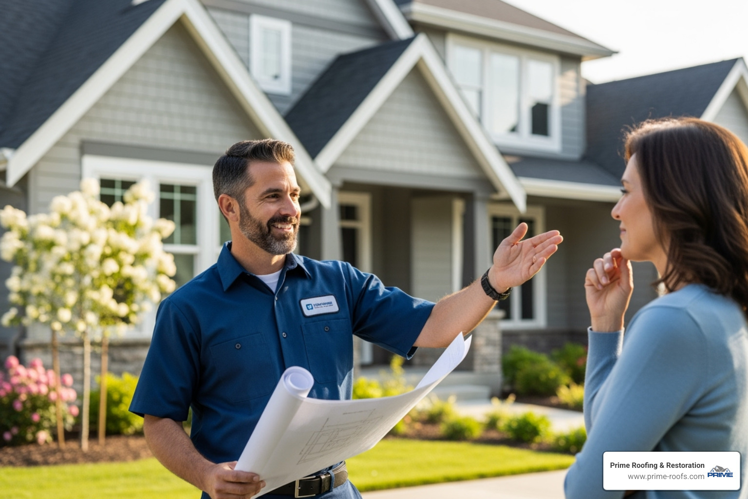 A friendly and professional roofer in a Prime Roofing & Restoration uniform discussing project plans and materials with a homeowner in front of their house. - metal roof codes in orange beach al