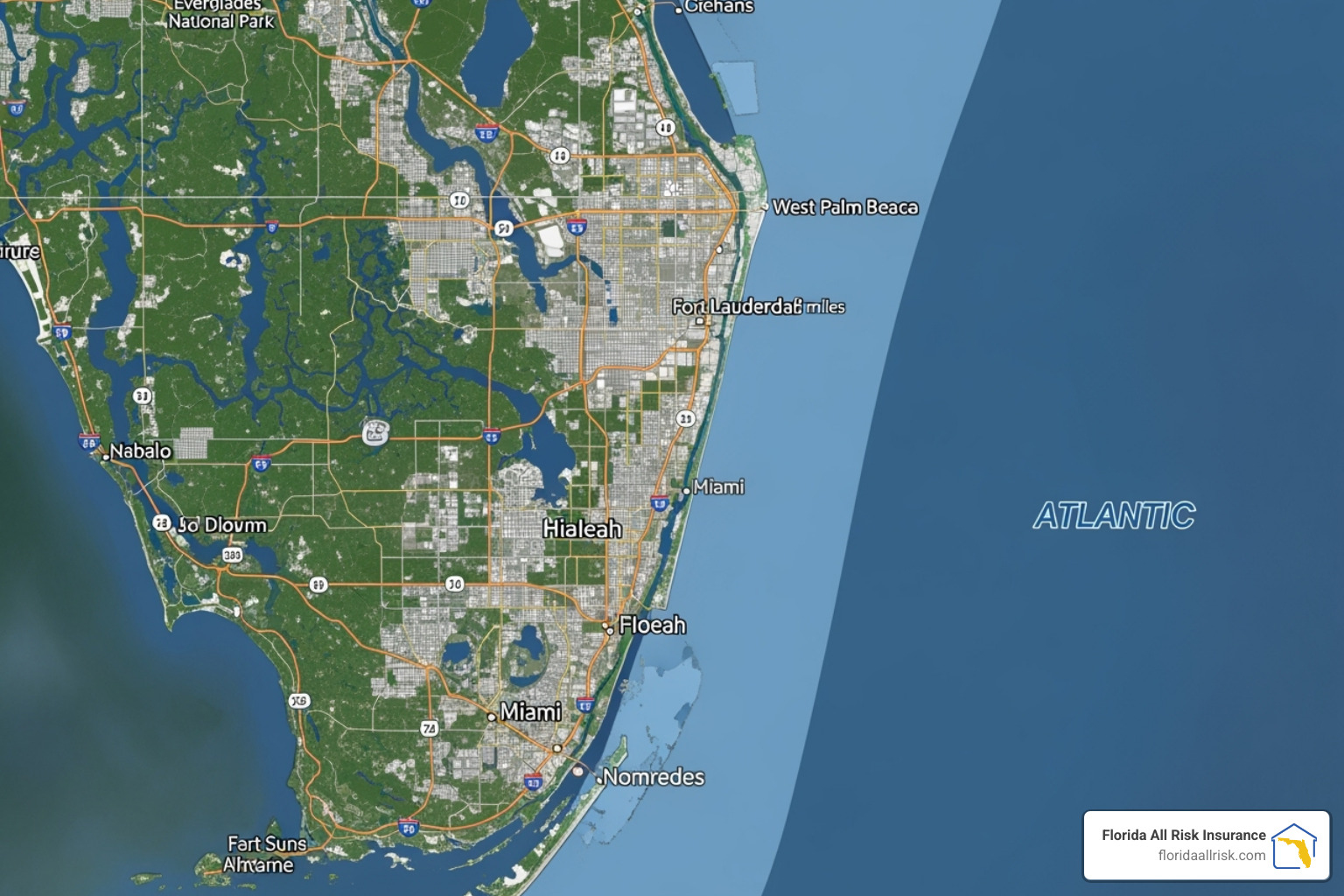 A satellite map showing the South Florida coastline with a clear focus on Hialeah's geographical location and its proximity to the Atlantic Ocean, highlighting its vulnerability to coastal weather patterns. - hialeah home insurance