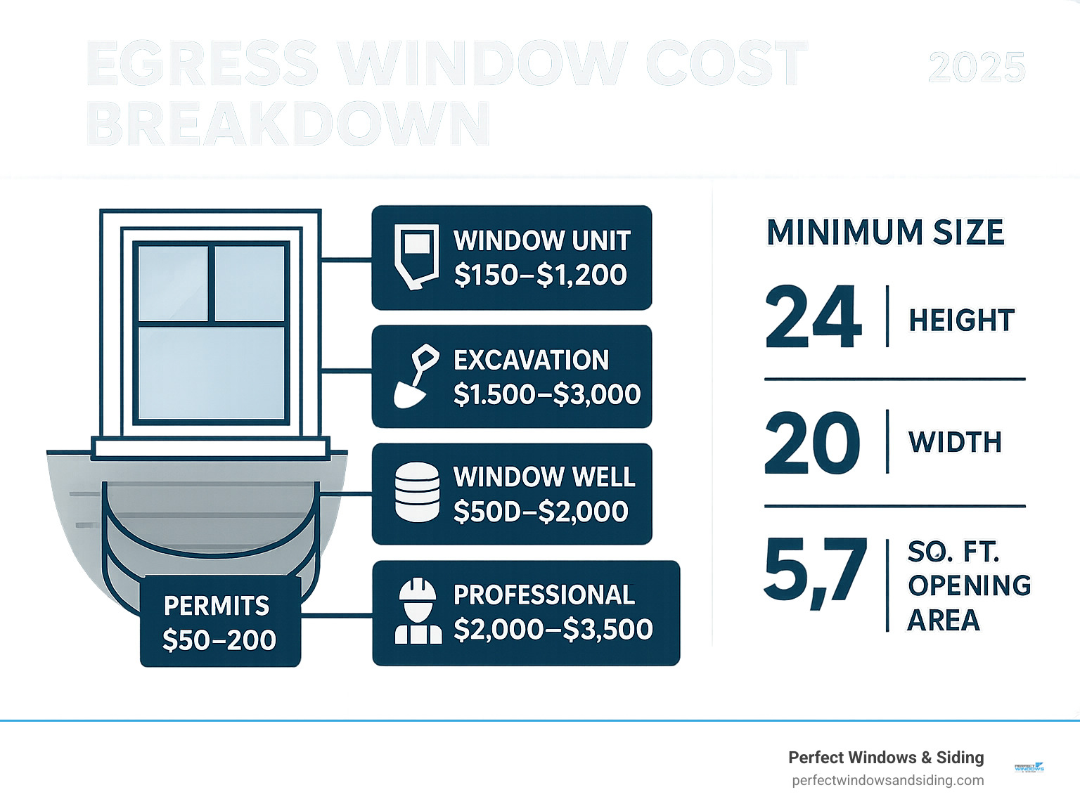 Infographic showing egress window cost breakdown with sections for window unit ($150-$1,200), excavation work ($1,500-$3,000), window well installation ($500-$2,000), professional labor ($2,000-$3,500), and permits ($50-$200), alongside minimum size requirements of 24" height, 20" width, and 5.7 sq ft opening area - egress window cost infographic 