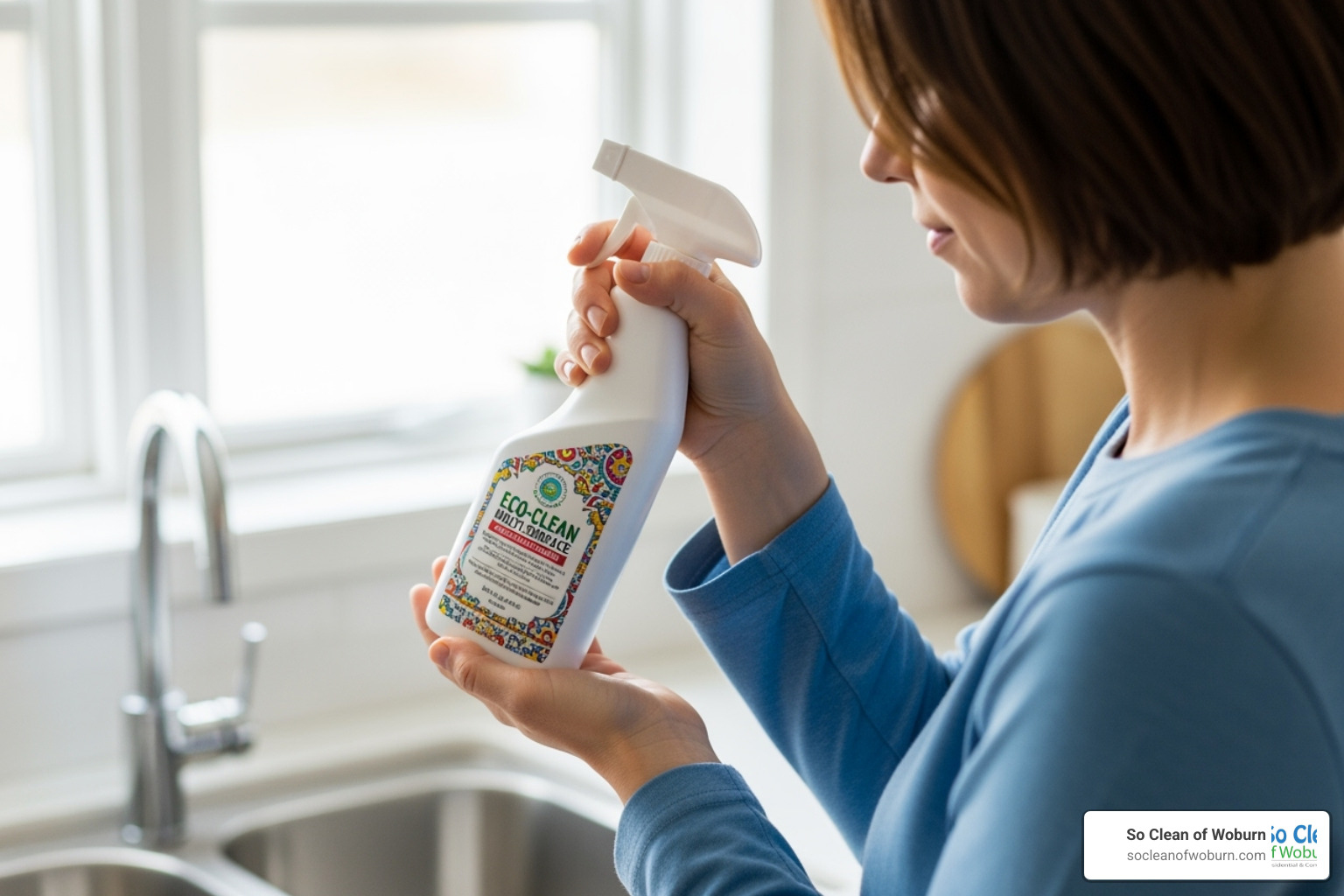 person reading the label on a cleaning product - plant based disinfectant cleaner