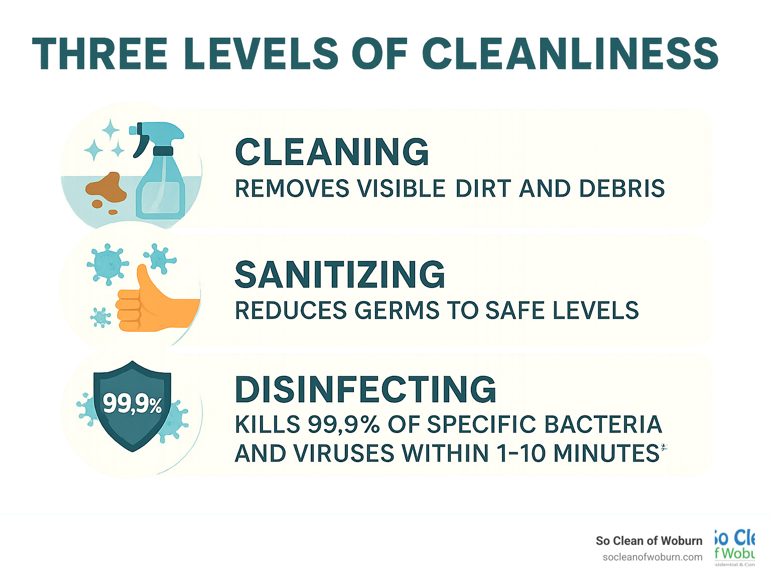 Infographic showing the three levels of cleanliness: cleaning removes visible dirt and debris, sanitizing reduces germs to safe levels within 30 seconds, and disinfecting kills 99.9% of specific bacteria and viruses within 1-10 minutes depending on the product - plant based disinfectant cleaner infographic 