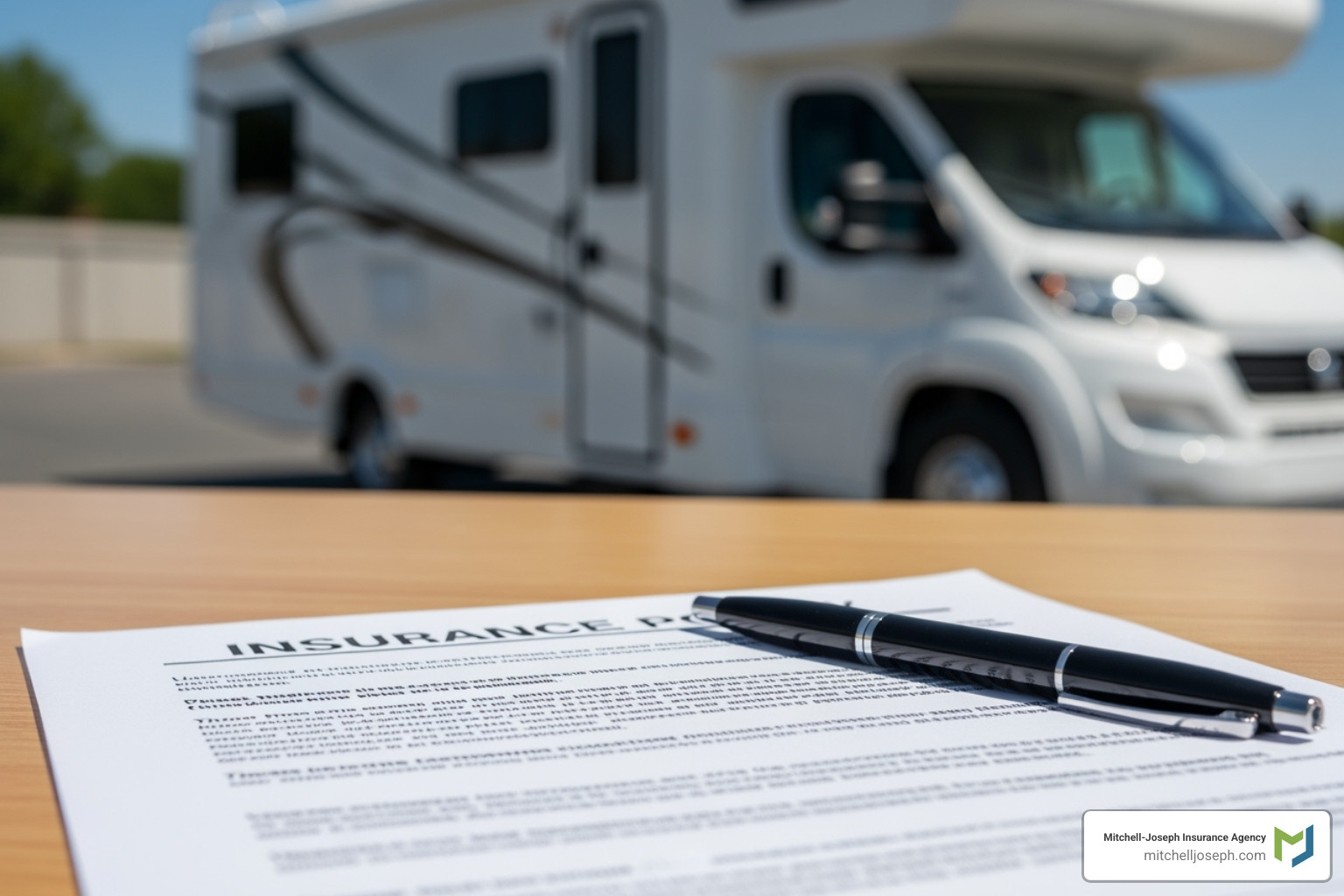 Insurance policy document with an RV in the background - insurance for rv