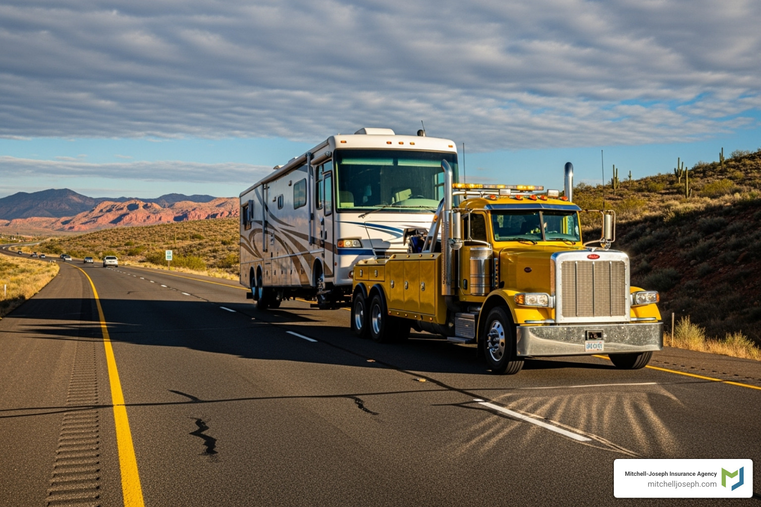 RV being towed by a roadside assistance vehicle - insurance for rv
