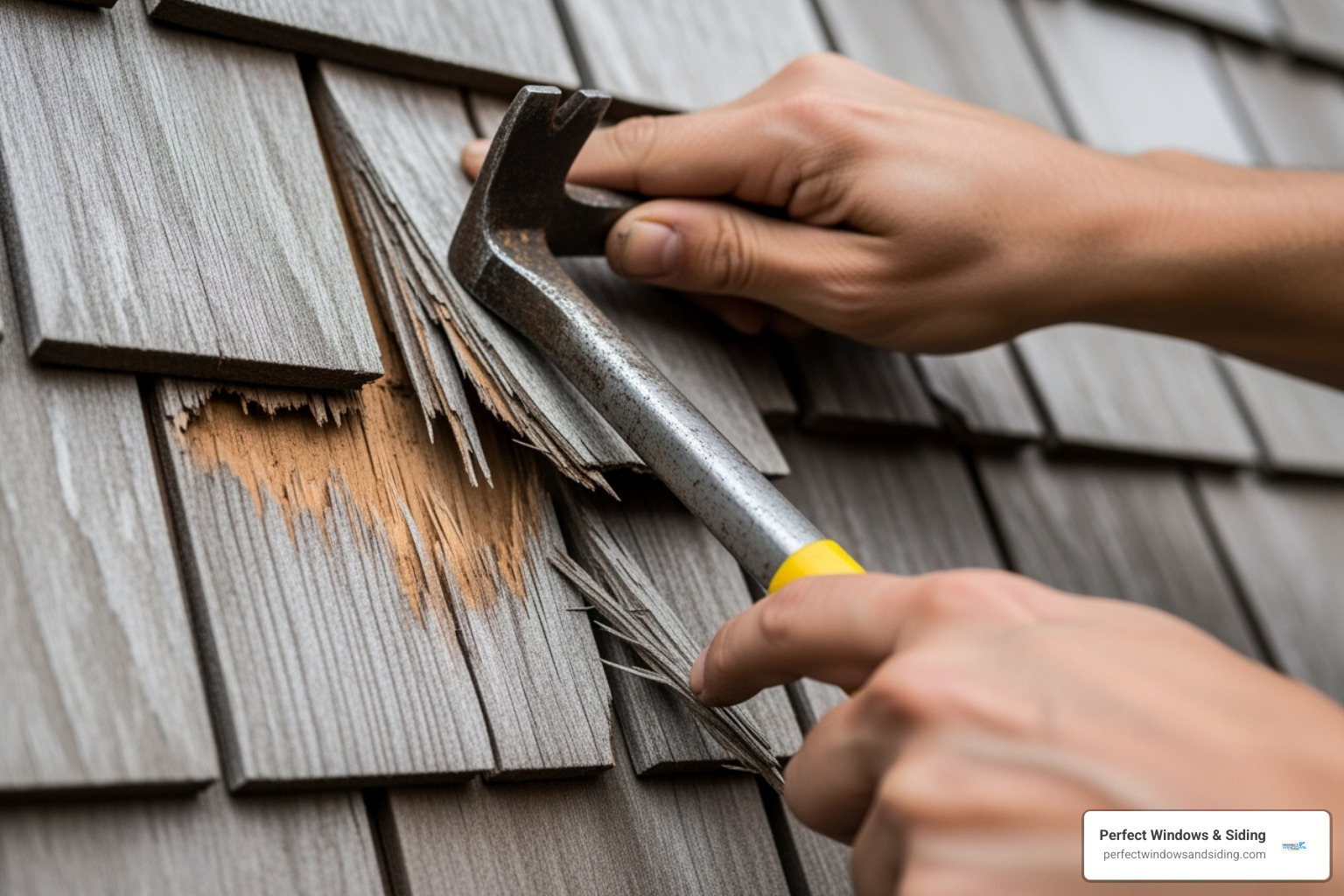 careful removal of a damaged shingle - wood shingle siding replacement