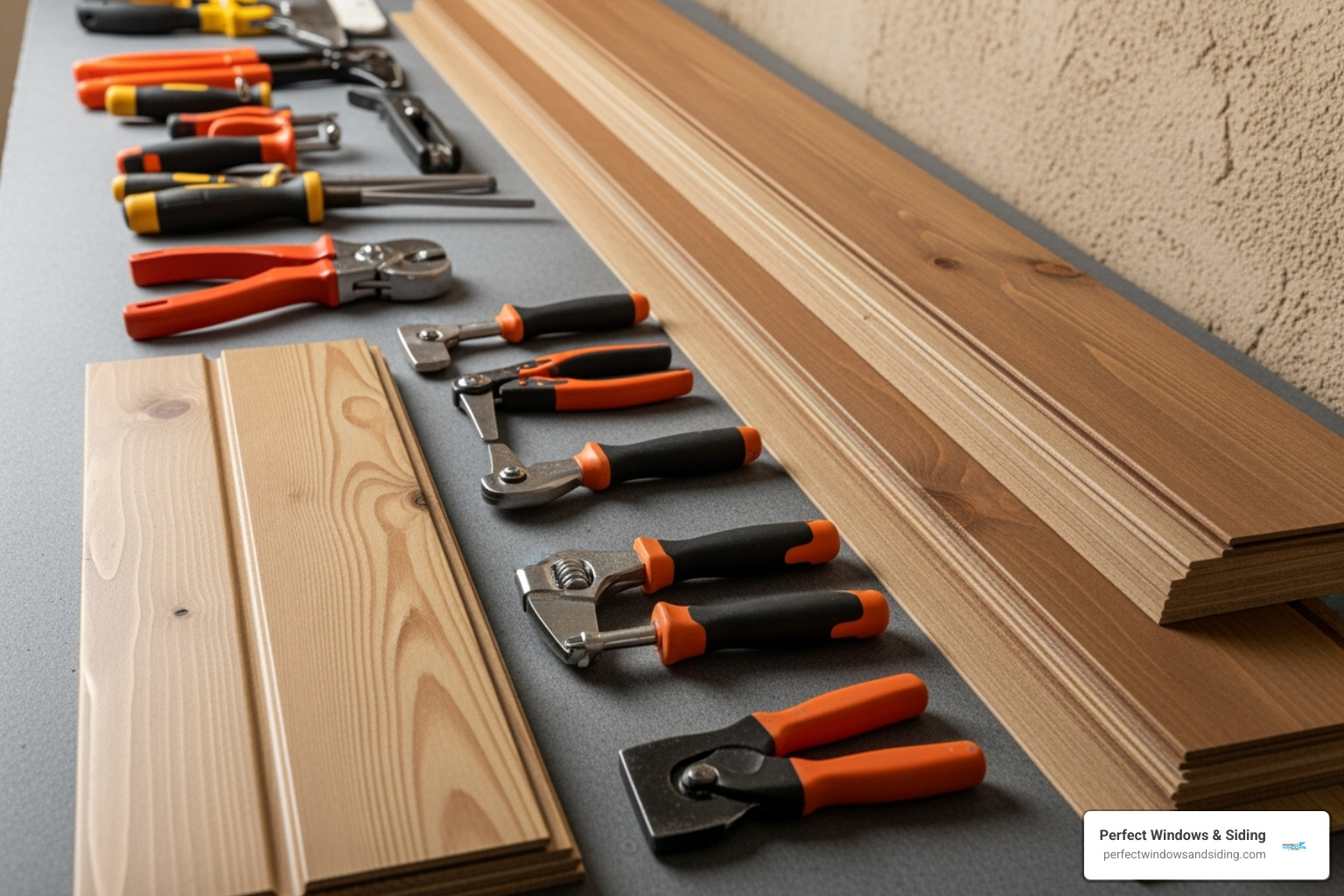 tools and materials laid out for a siding project - wood shingle siding replacement
