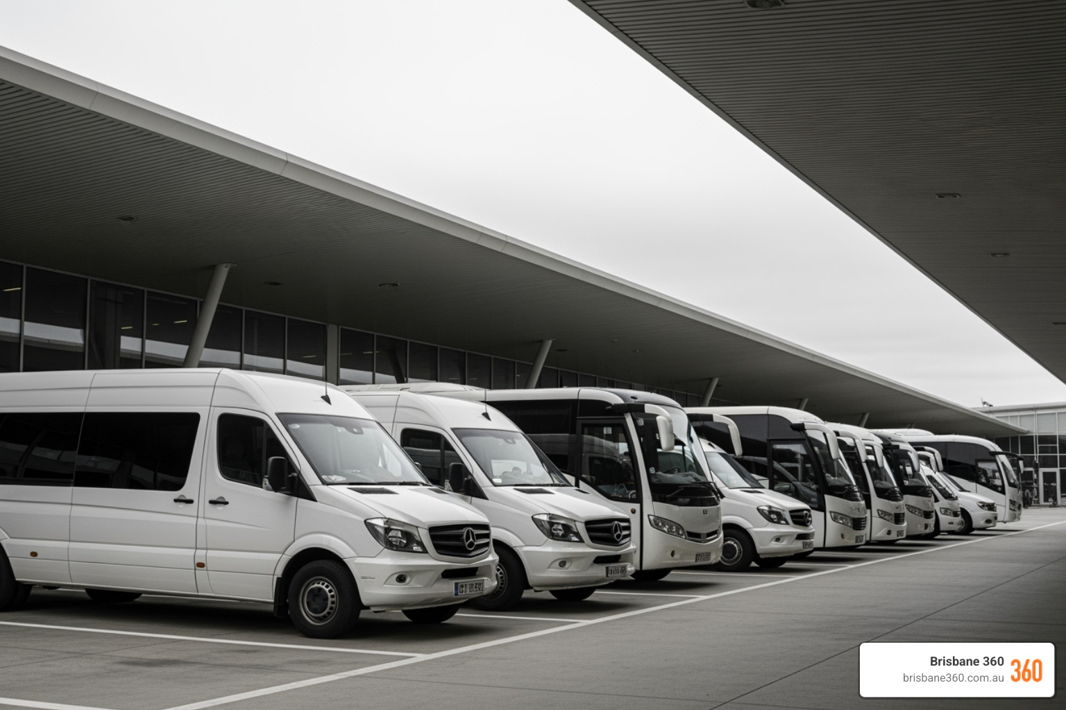 A fleet of modern, well-maintained mini buses and coaches parked at Brisbane Airport, ready for groups of all sizes. - airport transfers