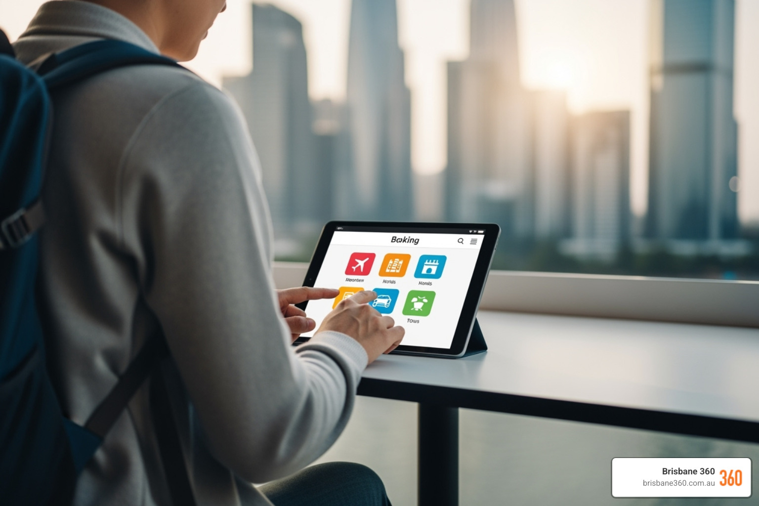 A traveller easily booking a transfer on a tablet, with the Gold Coast skyline in the background. - airport transfers