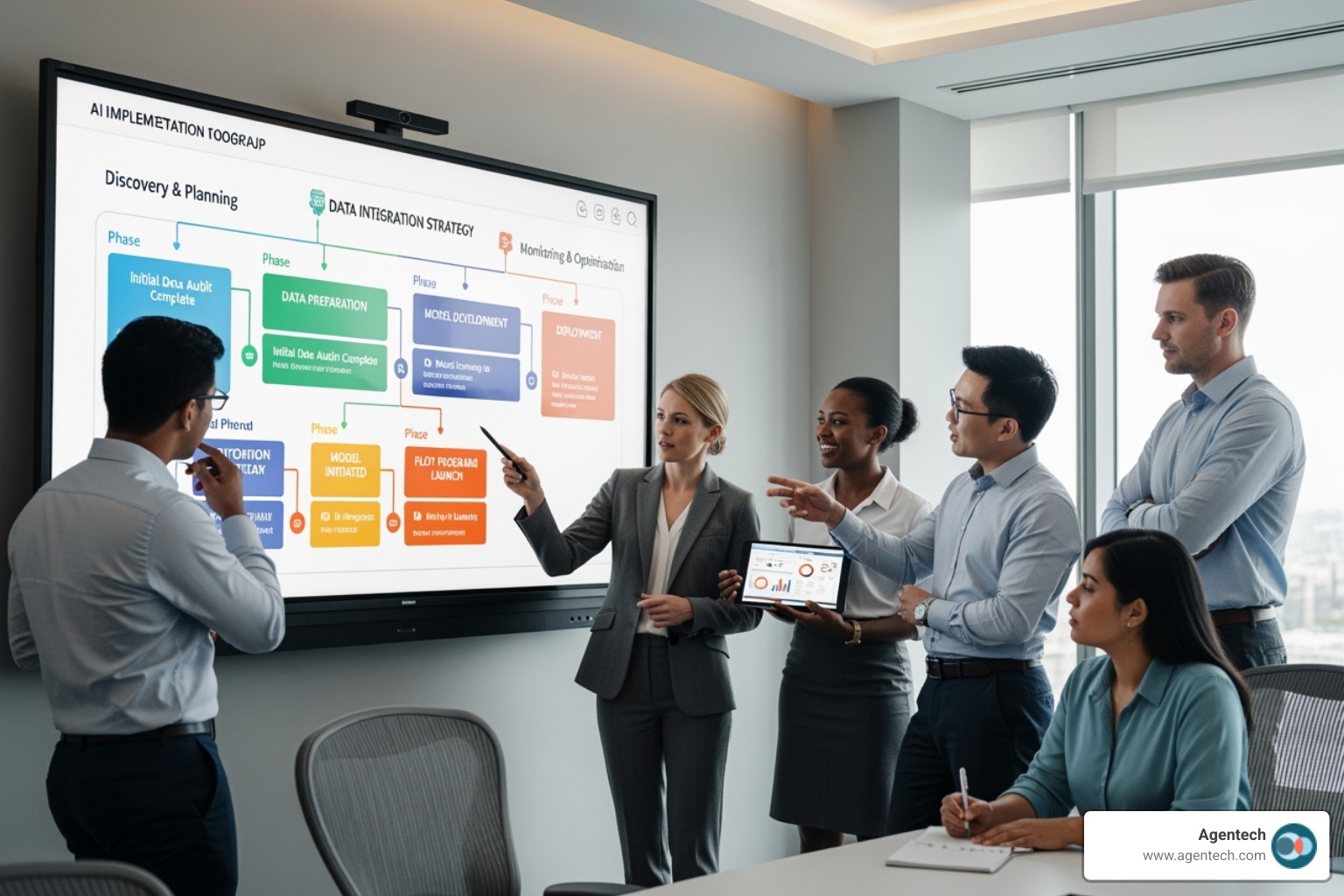 Image of a team collaborating around a screen showing an AI implementation roadmap - insurance artificial intelligence