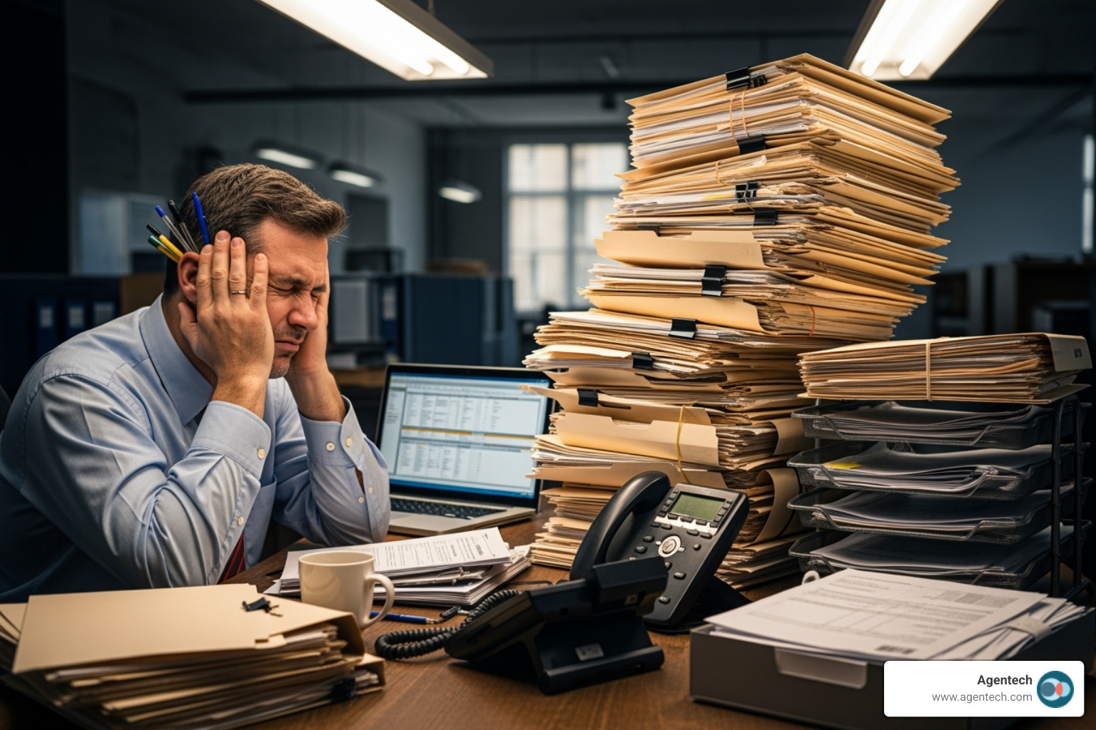 frustrated claims adjuster surrounded by stacks of paper - artificial intelligence claims processing