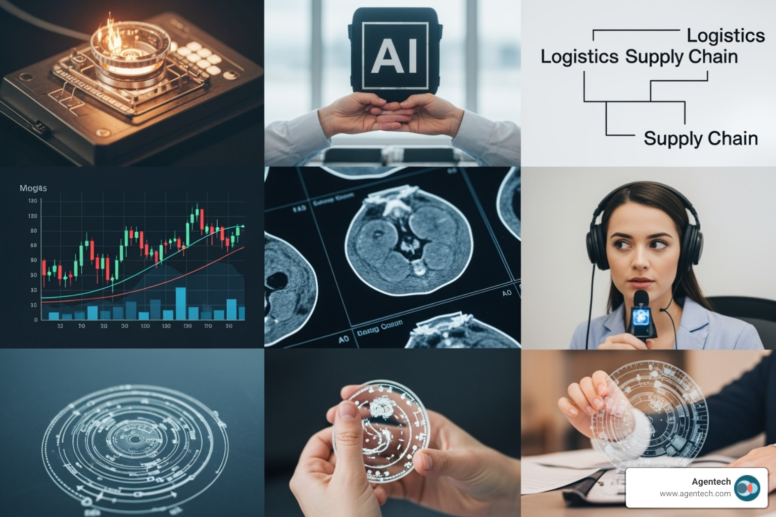 Collage of diverse industries benefiting from agentic AI, including finance with trading graphs, healthcare with medical scans, and logistics with supply chain routes - agentic ai examples