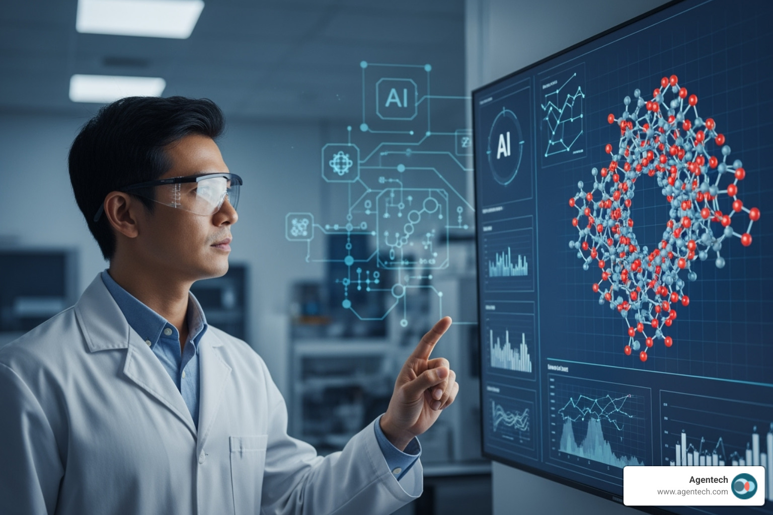 Scientist observing a complex molecular structure on a screen, with data visualizations and AI-powered analysis tools in the background - agentic ai examples
