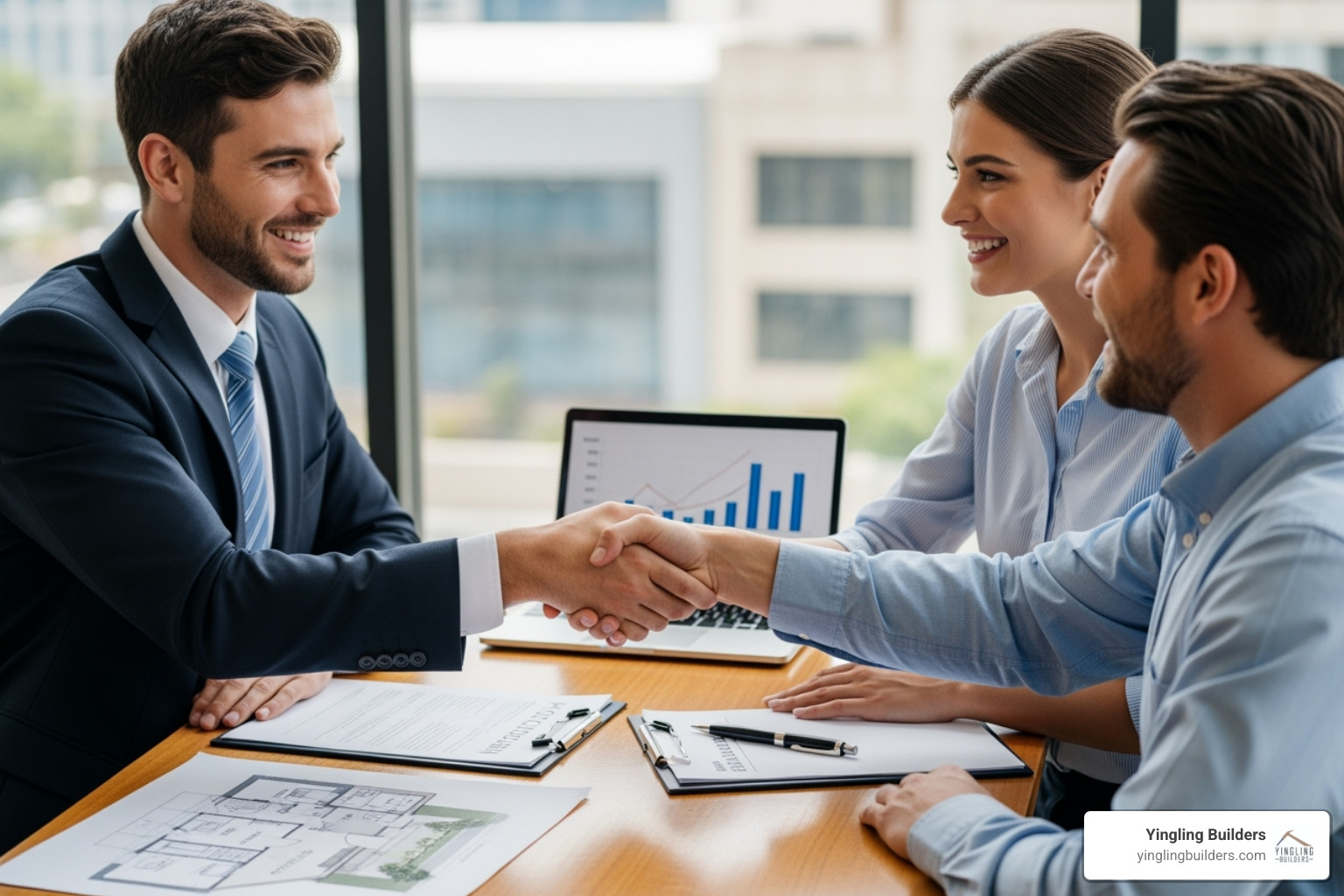 A friendly male and female loan officer are smiling and shaking hands with a happy couple, with documents and a home design on the table. - custom home financing