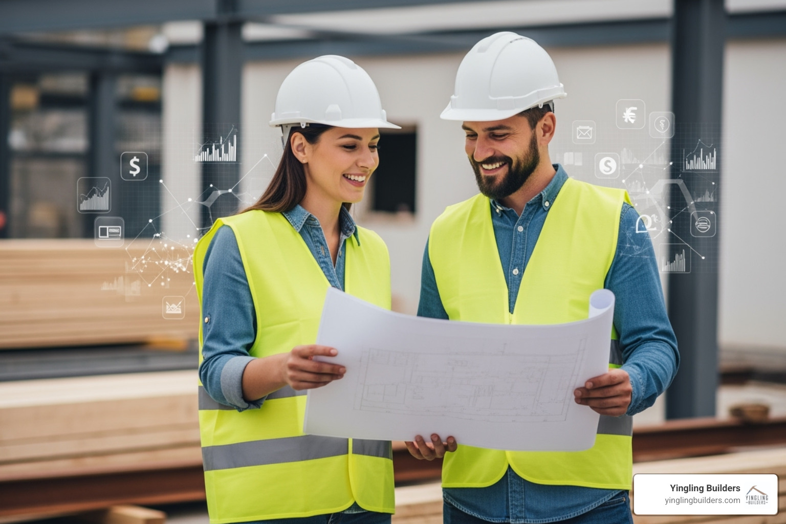 A male and female architect reviewing blueprints on a construction site with building materials and financial overlay icons in the background - custom home financing