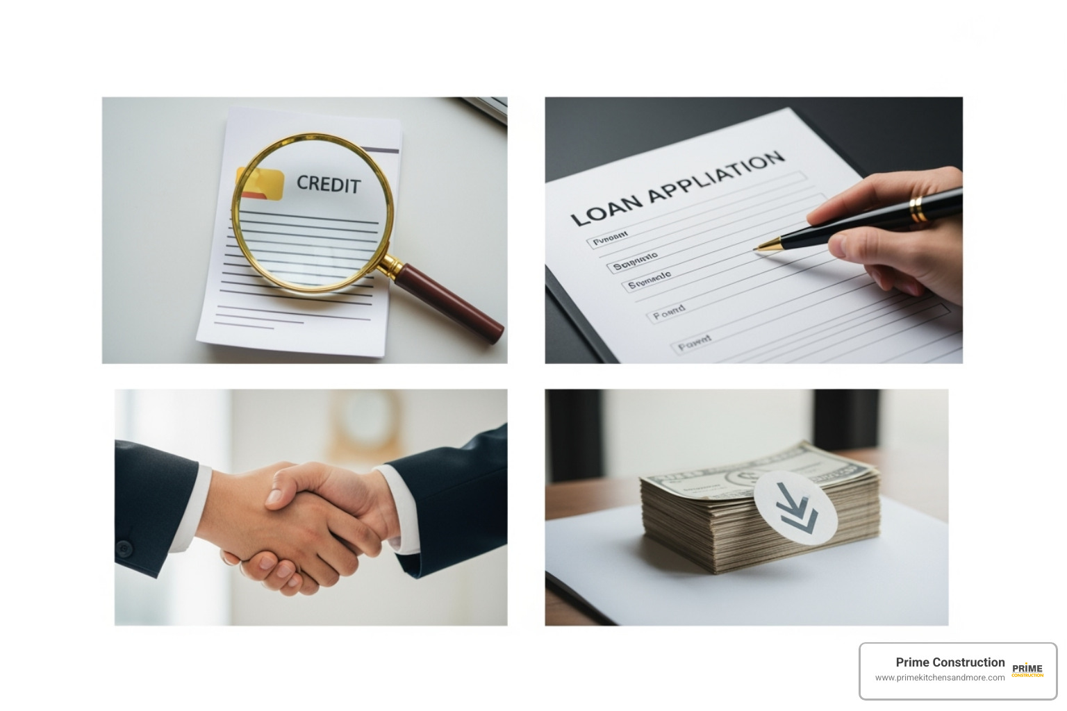 Illustration of the 4-step financing process: Credit Check, Application, Approval, Funding - kitchen remodel financing Orlando