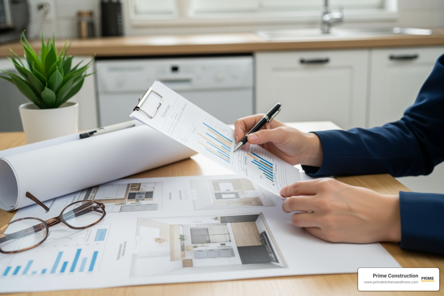 person reviewing financial documents and kitchen design plans - kitchen remodel financing Orlando