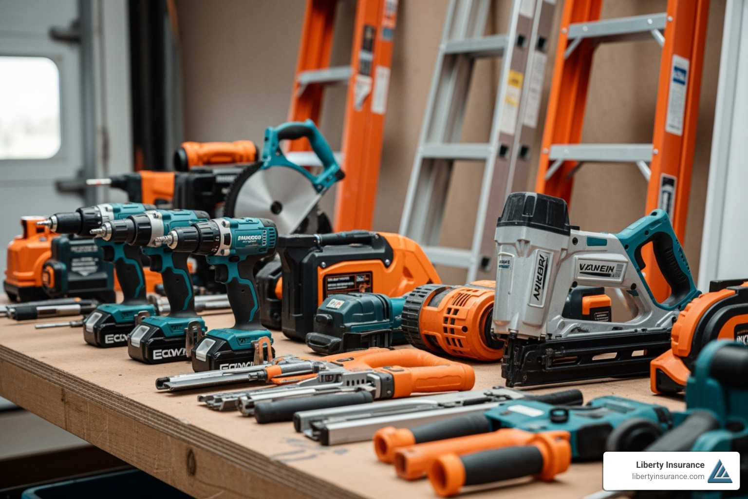 A variety of power tools and essential equipment commonly used by siding contractors, including drills, saws, nail guns, and ladders, neatly arranged. - insurance for siding contractors