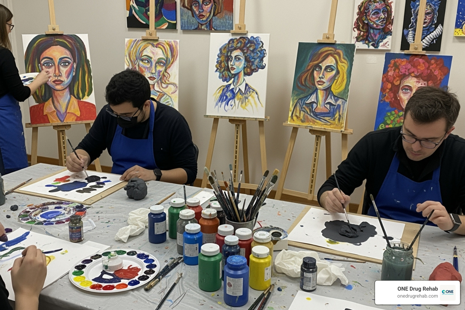 An art therapy session in progress, featuring various colorful supplies like paints, brushes, and clay, with several expressive and abstract finished artworks displayed on easels in the background. - holistic drug treatment