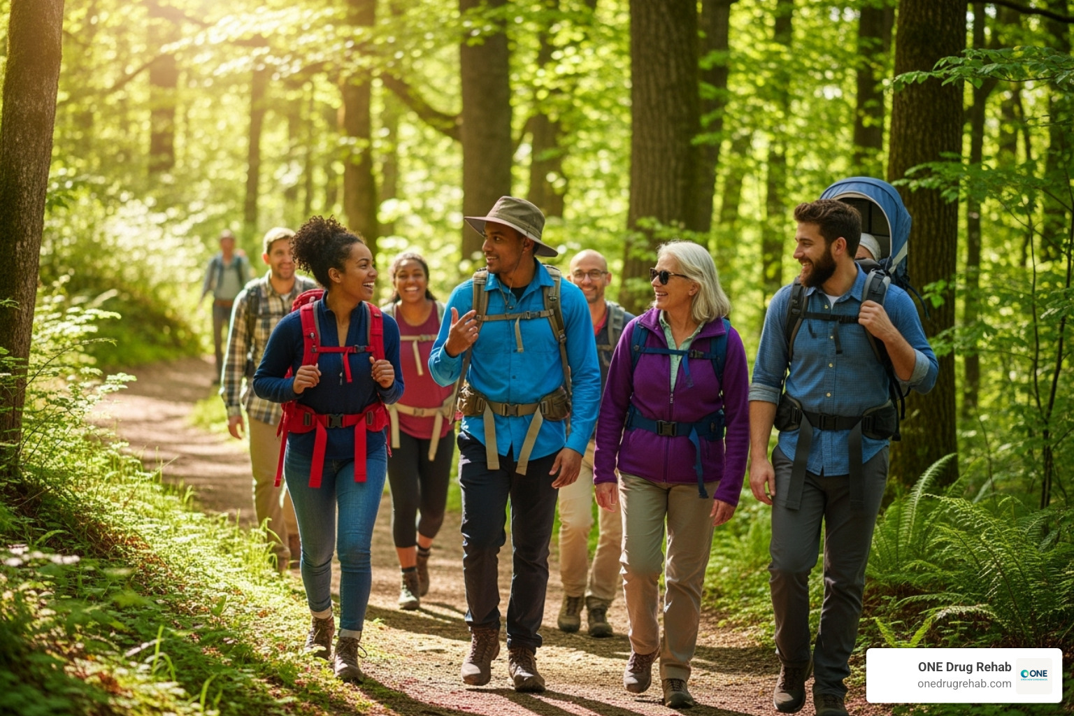 A diverse group of individuals, smiling and engaged in conversation, hiking together on a sunny trail amidst lush greenery, symbolizing community and shared journey in recovery. - holistic drug treatment