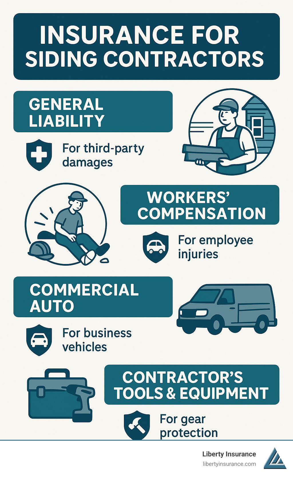 Infographic showing essential insurance types for siding contractors: General Liability for third-party damages, Workers' Compensation for employee injuries, Commercial Auto for business vehicles, and Contractor's Tools & Equipment for gear protection. - insurance for siding contractors infographic 