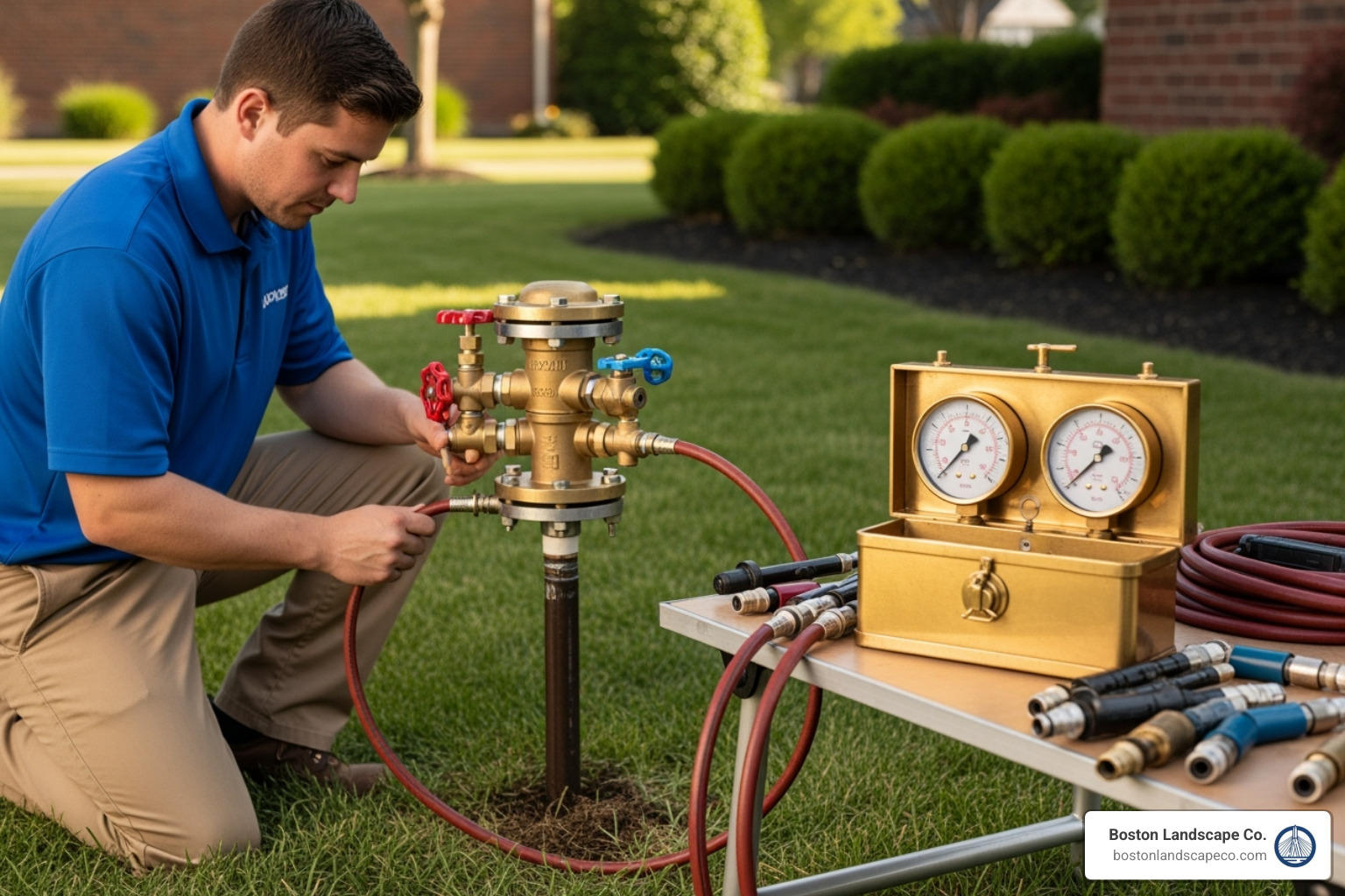 A professional testing a backflow preventer with a gauge kit, showing the technician connecting hoses and reading pressure gauges - irrigation system backflow preventer installation A professional testing a backflow preventer with a gauge kit, showing the technician connecting hoses and reading pressure gauges - irrigation system backflow preventer installation