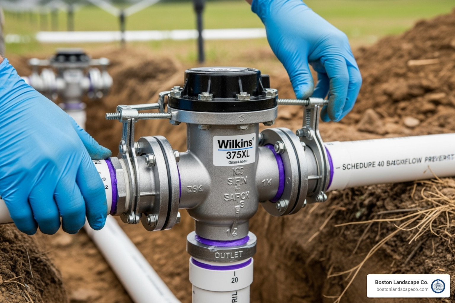 A backflow preventer being fitted between two pipes, showing the connection points and proper alignment - irrigation system backflow preventer installation A backflow preventer being fitted between two pipes, showing the connection points and proper alignment - irrigation system backflow preventer installation