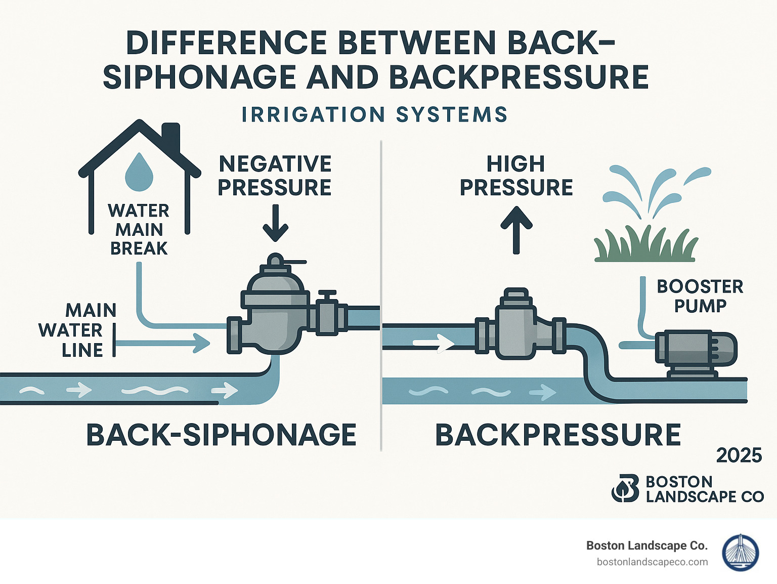 Detailed infographic showing the difference between back-siphonage and backpressure in irrigation systems, including arrows showing water flow direction, pressure differentials, and common causes like water main breaks and booster pumps - irrigation system backflow preventer installation infographic Detailed infographic showing the difference between back-siphonage and backpressure in irrigation systems, including arrows showing water flow direction, pressure differentials, and common causes like water main breaks and booster pumps - irrigation system backflow preventer installation infographic