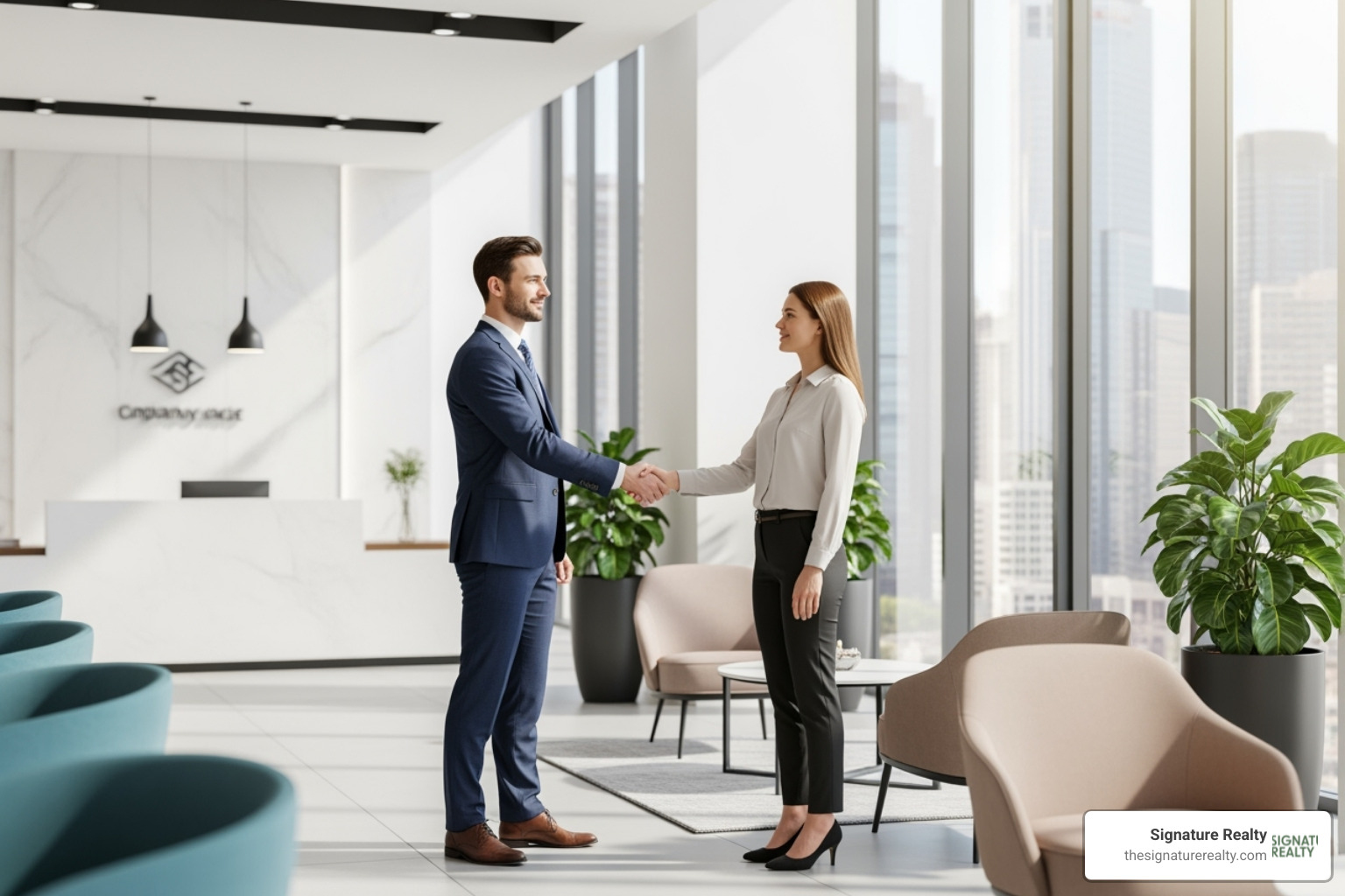 a professional shaking hands with a client in a modern office lobby - miami virtual offices a professional shaking hands with a client in a modern office lobby - miami virtual offices