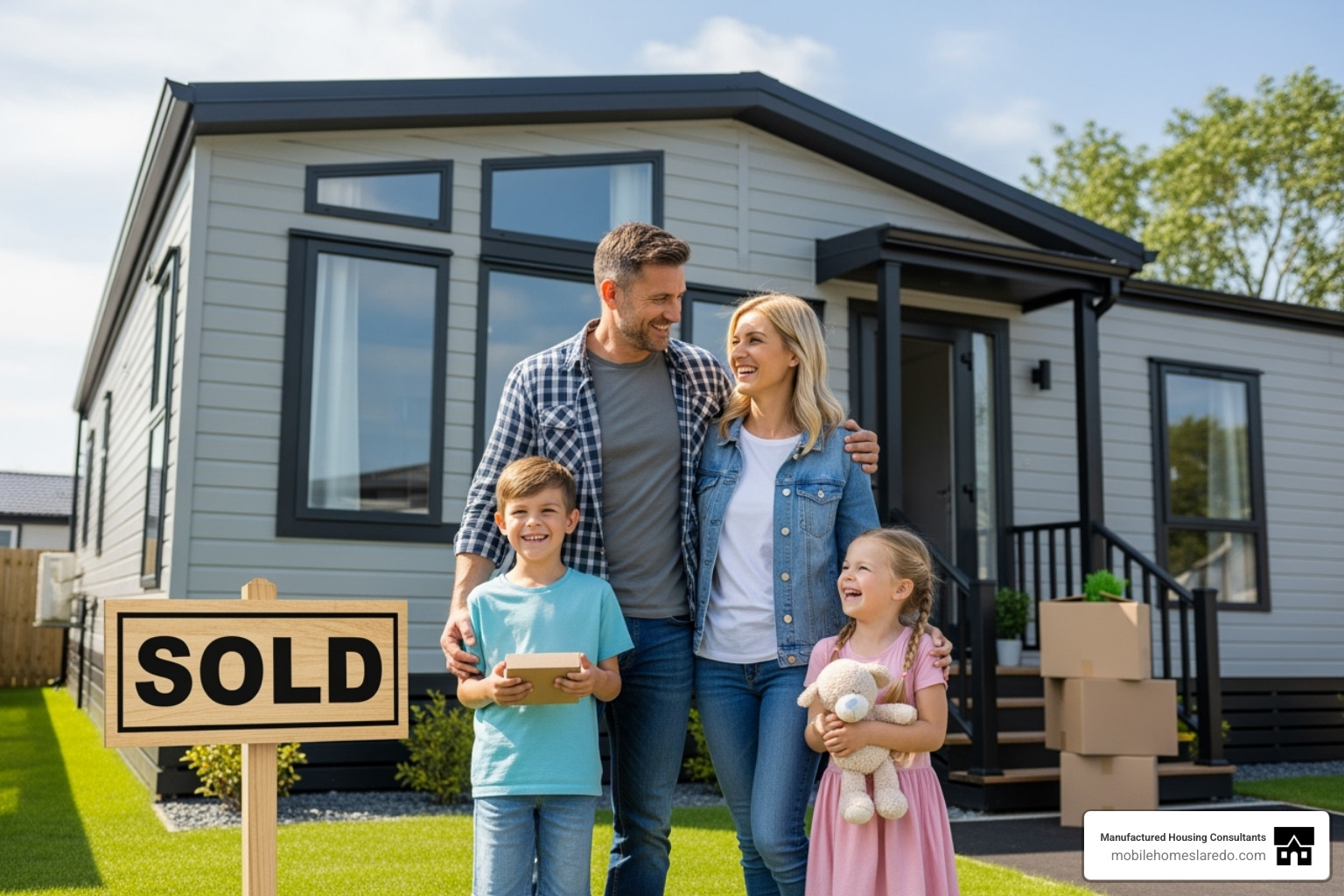 Happy family moving into their brand new mobile home, with a "Sold" sign in front - should i buy a brand new mobile home Happy family moving into their brand new mobile home, with a "Sold" sign in front - should i buy a brand new mobile home