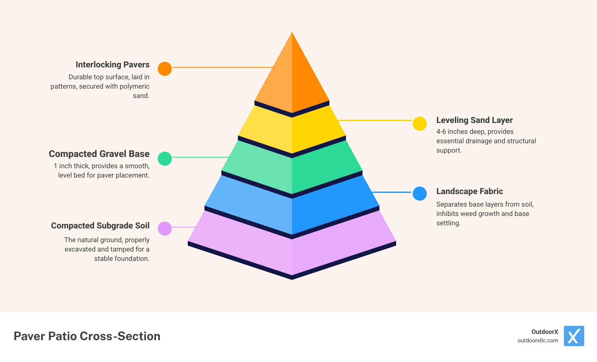 Detailed cross-section diagram showing the layers of a properly constructed paver patio from bottom to top: compacted subgrade soil, landscape fabric, 4-6 inch compacted gravel base, 1-inch leveling sand layer, and interlocking pavers on top with polymeric sand joints and edge restraints - building a patio with pavers infographic pyramid-hierarchy-5-steps