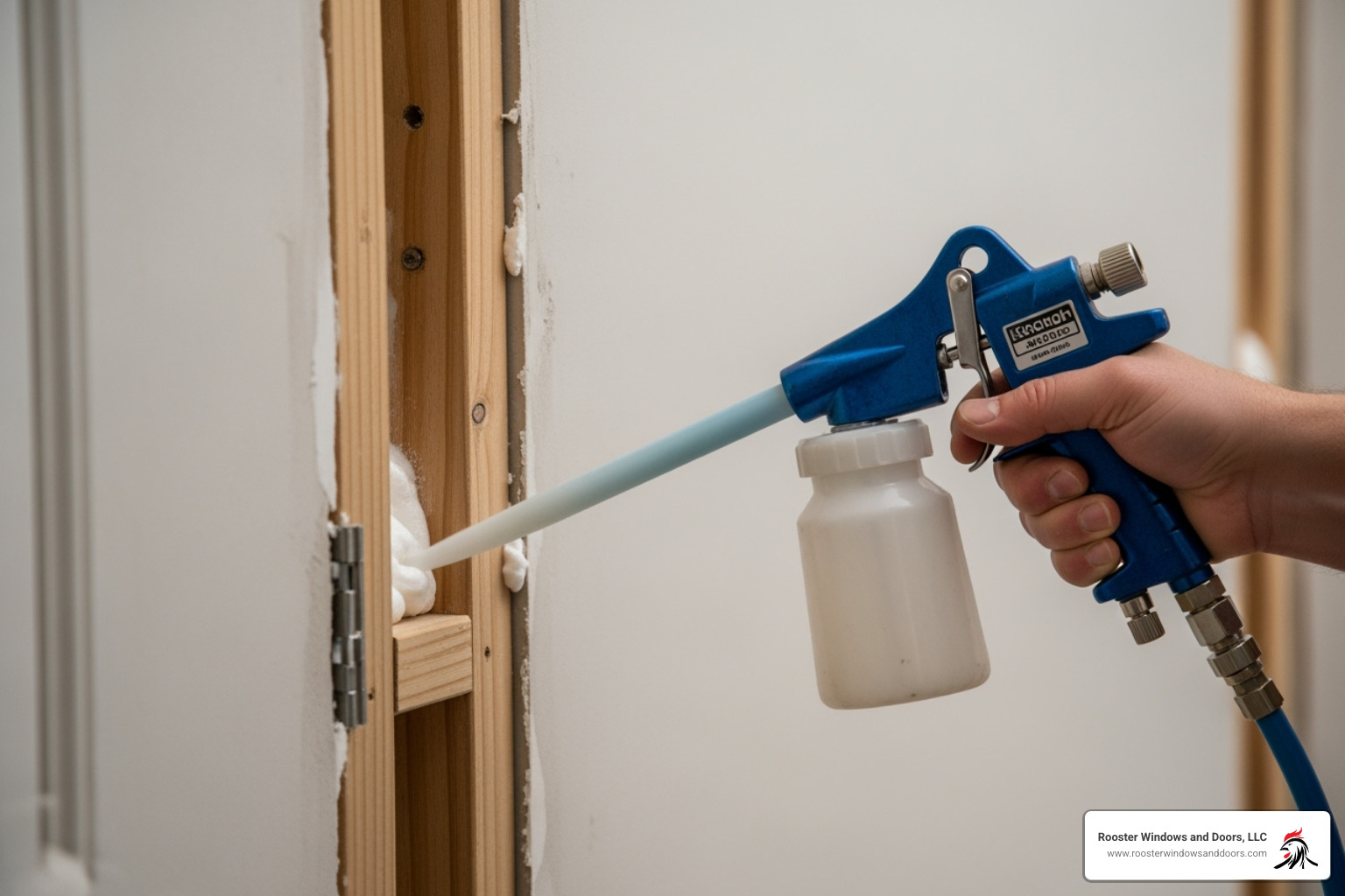 Image of applying low-expansion foam insulation around the door frame - installing a patio door into an existing wall