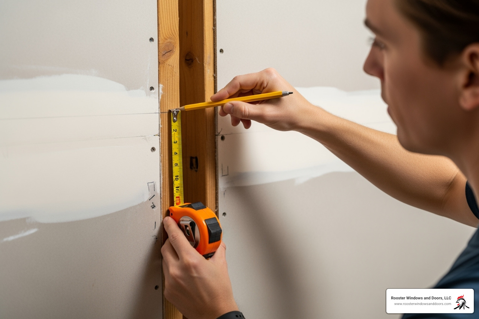 Image showing a wall being measured and marked for a new door opening - installing a patio door into an existing wall