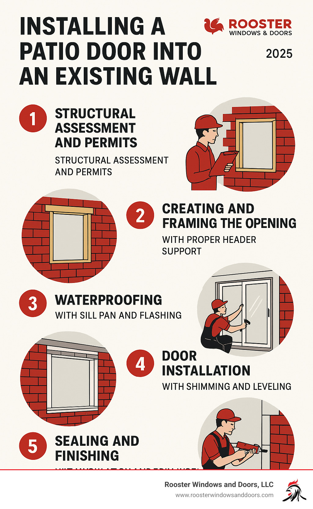 Infographic showing the complete process of installing a patio door into an existing wall: 1. Structural assessment and permits, 2. Creating and framing the opening with proper header support, 3. Waterproofing with sill pan and flashing, 4. Door installation with shimming and leveling, 5. Sealing and finishing with insulation and trim work - installing a patio door into an existing wall infographic 