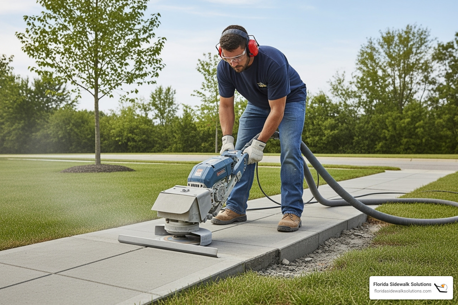 technician using specialized cutting equipment to level a sidewalk - Concrete walkway repairs