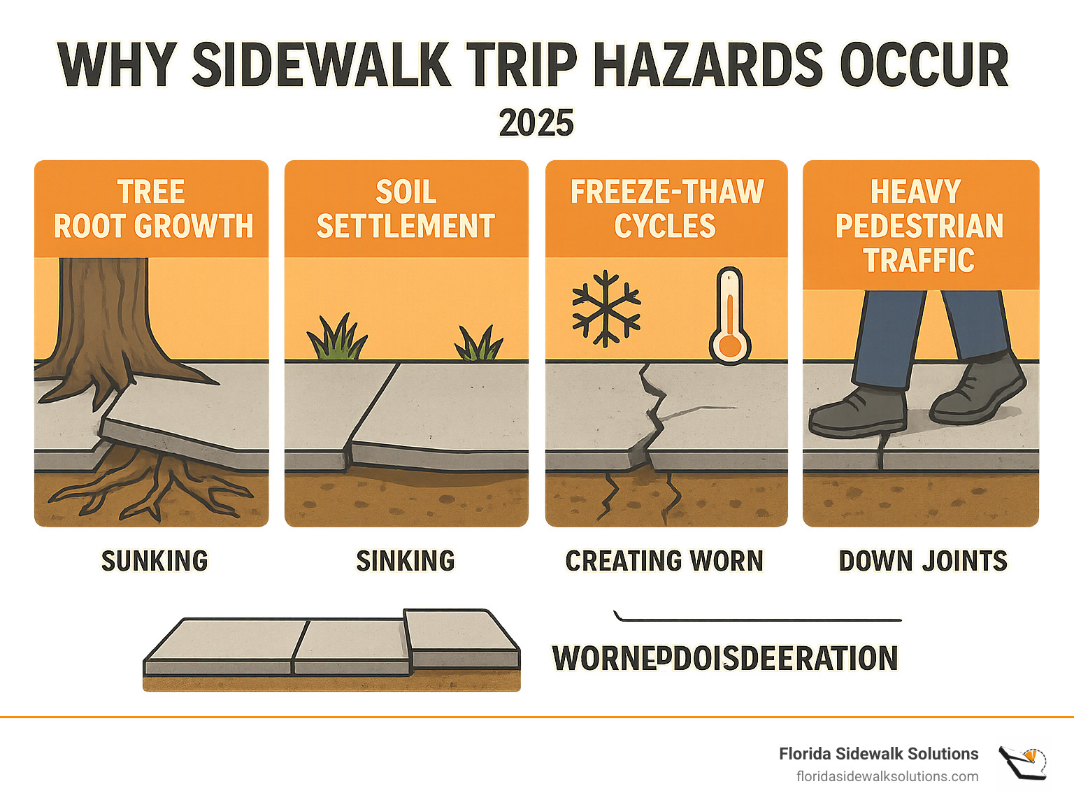 Comprehensive infographic showing the main causes of sidewalk trip hazards including tree root growth pushing up concrete slabs, soil settlement causing sinking sections, freeze-thaw cycles creating cracks and displacement, heavy pedestrian traffic wearing down joints, and aging infrastructure leading to general deterioration, with visual representations of each cause and their effects on sidewalk levelness - Concrete walkway repairs infographic 