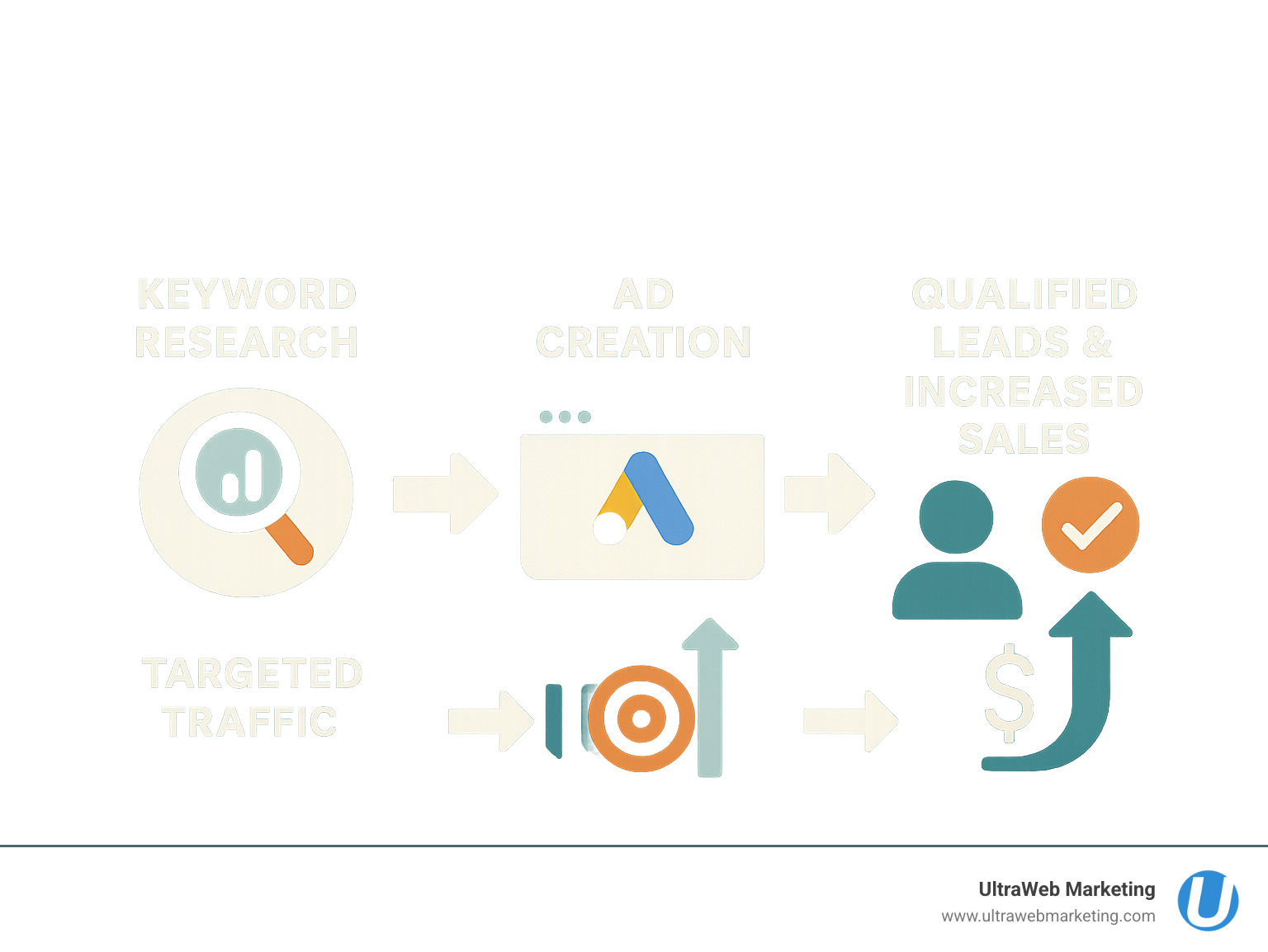 Infographic showing Google Ads process: keyword research leads to ad creation, which leads to targeted traffic, which converts to qualified leads and increased sales for Boca Raton businesses - google ads agency boca raton infographic Infographic showing Google Ads process: keyword research leads to ad creation, which leads to targeted traffic, which converts to qualified leads and increased sales for Boca Raton businesses - google ads agency boca raton infographic