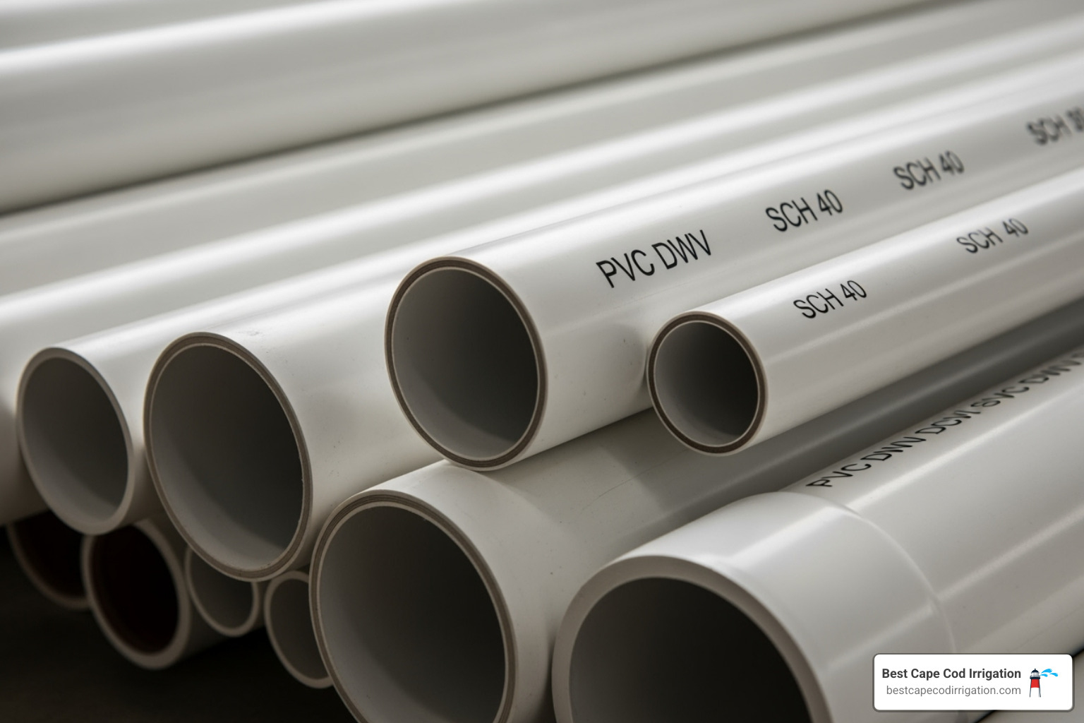 different pipe sizes with markings like SCH 40 and Class 200 clearly visible - in ground sprinkler pipe