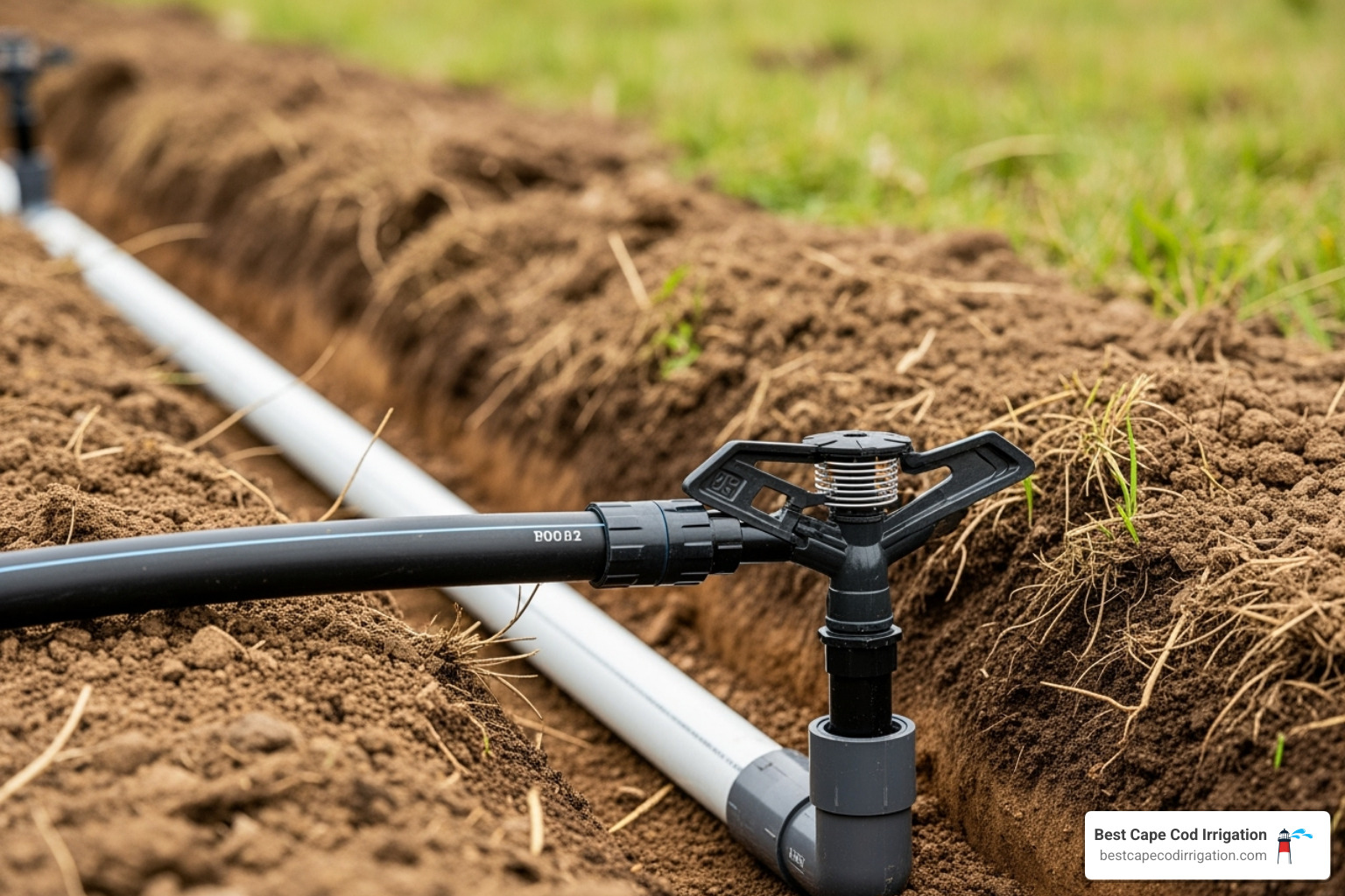 swing pipe connecting a lateral line to a sprinkler head in a trench - in ground sprinkler pipe